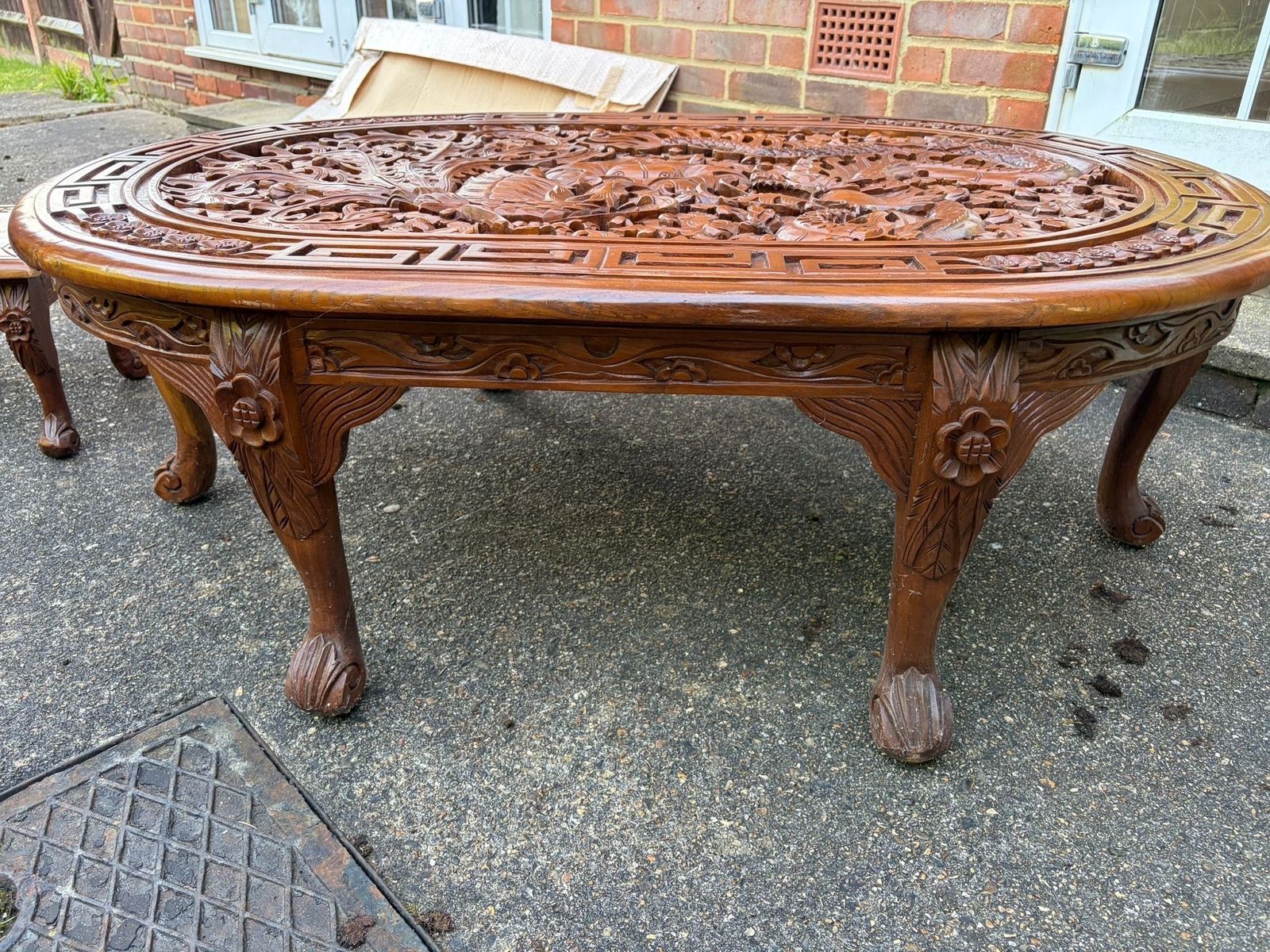 Asian Carved Wood Dragon And Phoenix Oval Coffee Table photo Furniture