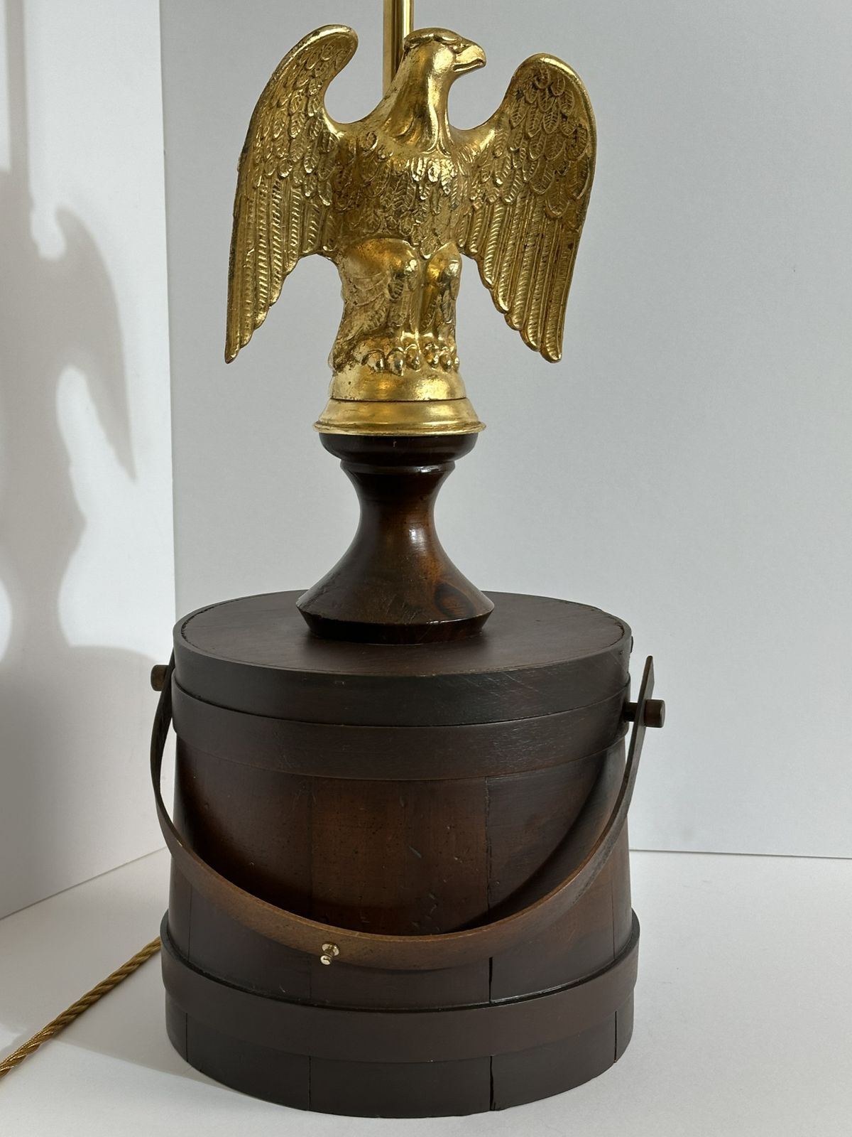 Eagle Table Lamp, Federal Style, Gilt Metal, Wooden Barrel Base, USA 1950s photo Lighting