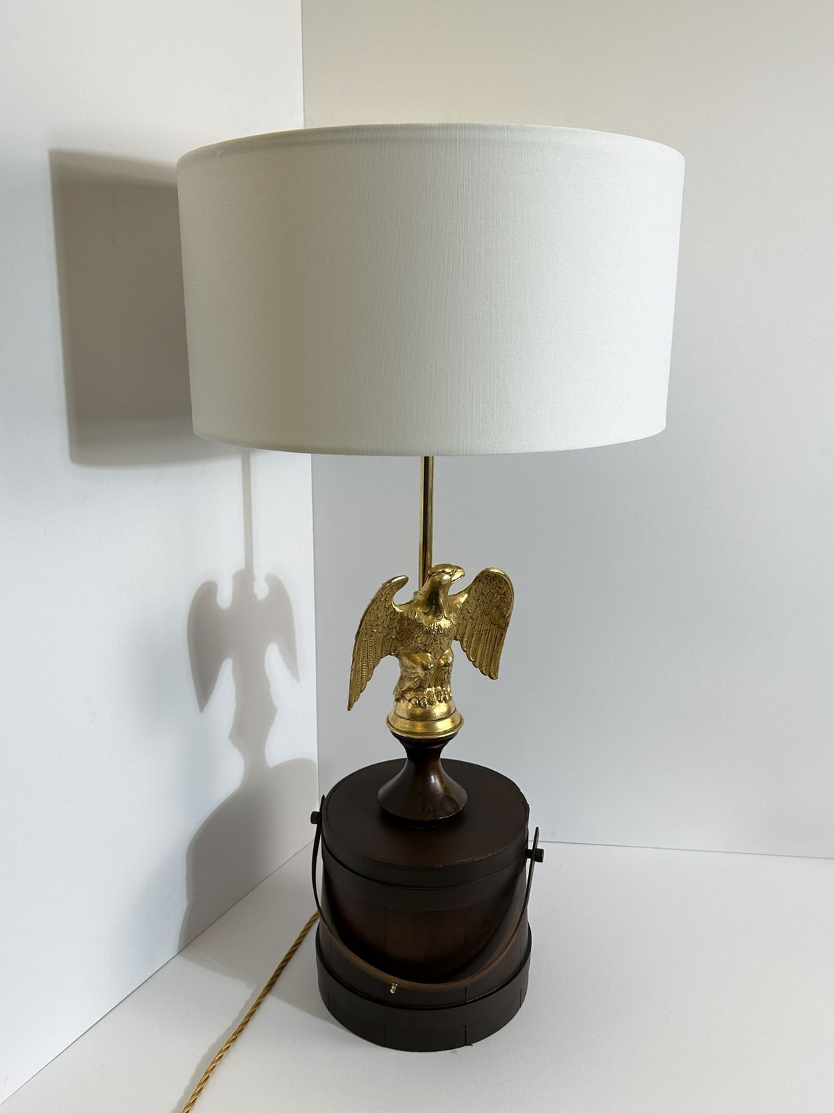 Eagle Table Lamp, Federal Style, Gilt Metal, Wooden Barrel Base, USA 1950s photo buy