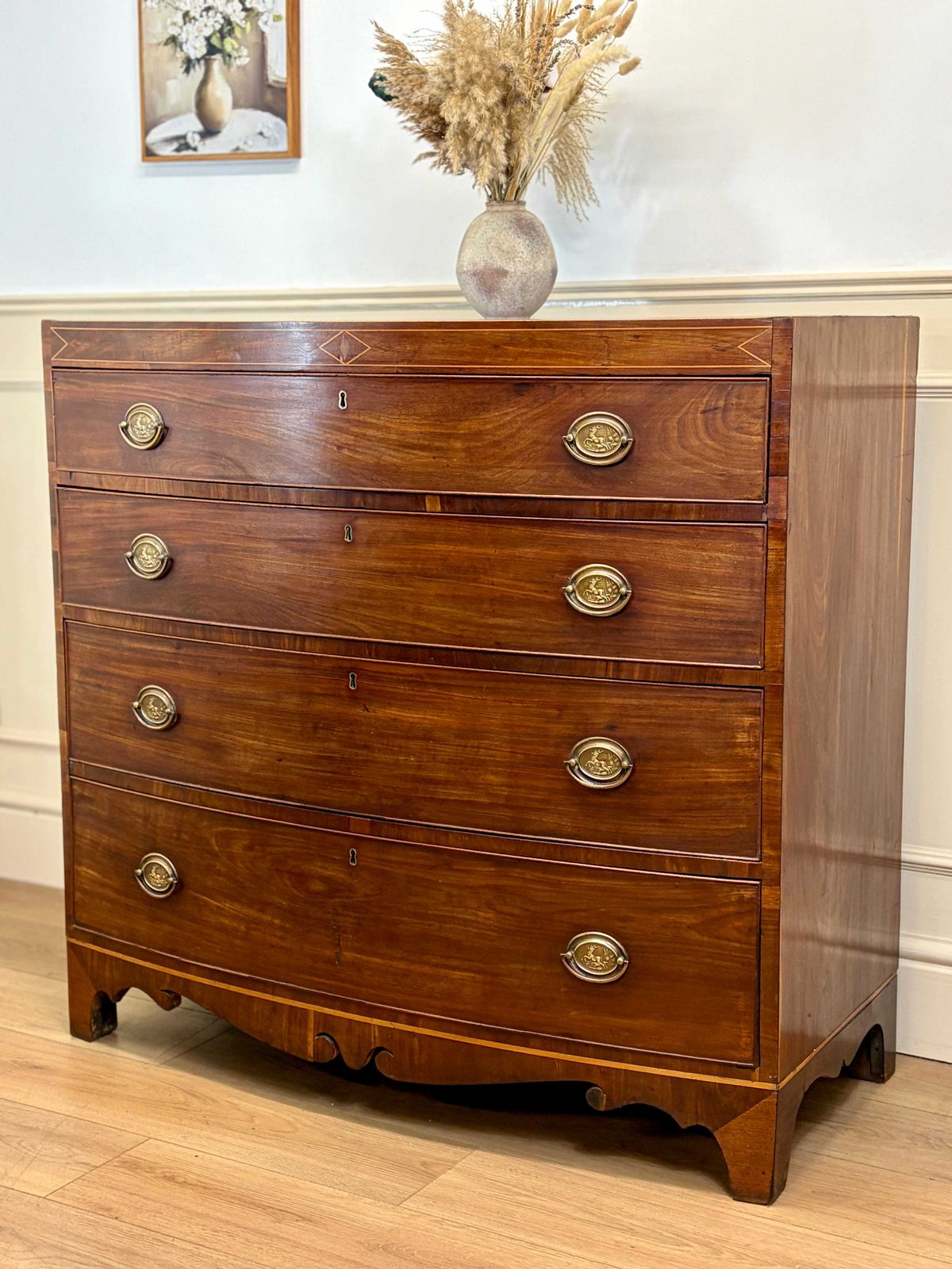 Antique Country Regency Bow Fronted Chest Of Drawers