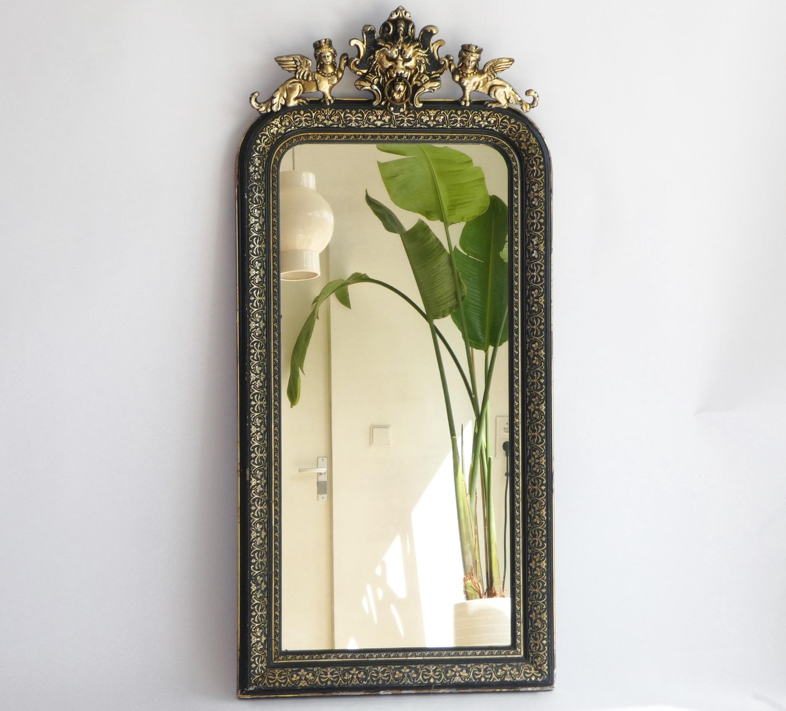 Antique French Arched Mirror, 19th Century Louis Philippe Black Gold With Ornament, Carved Wall Mirror