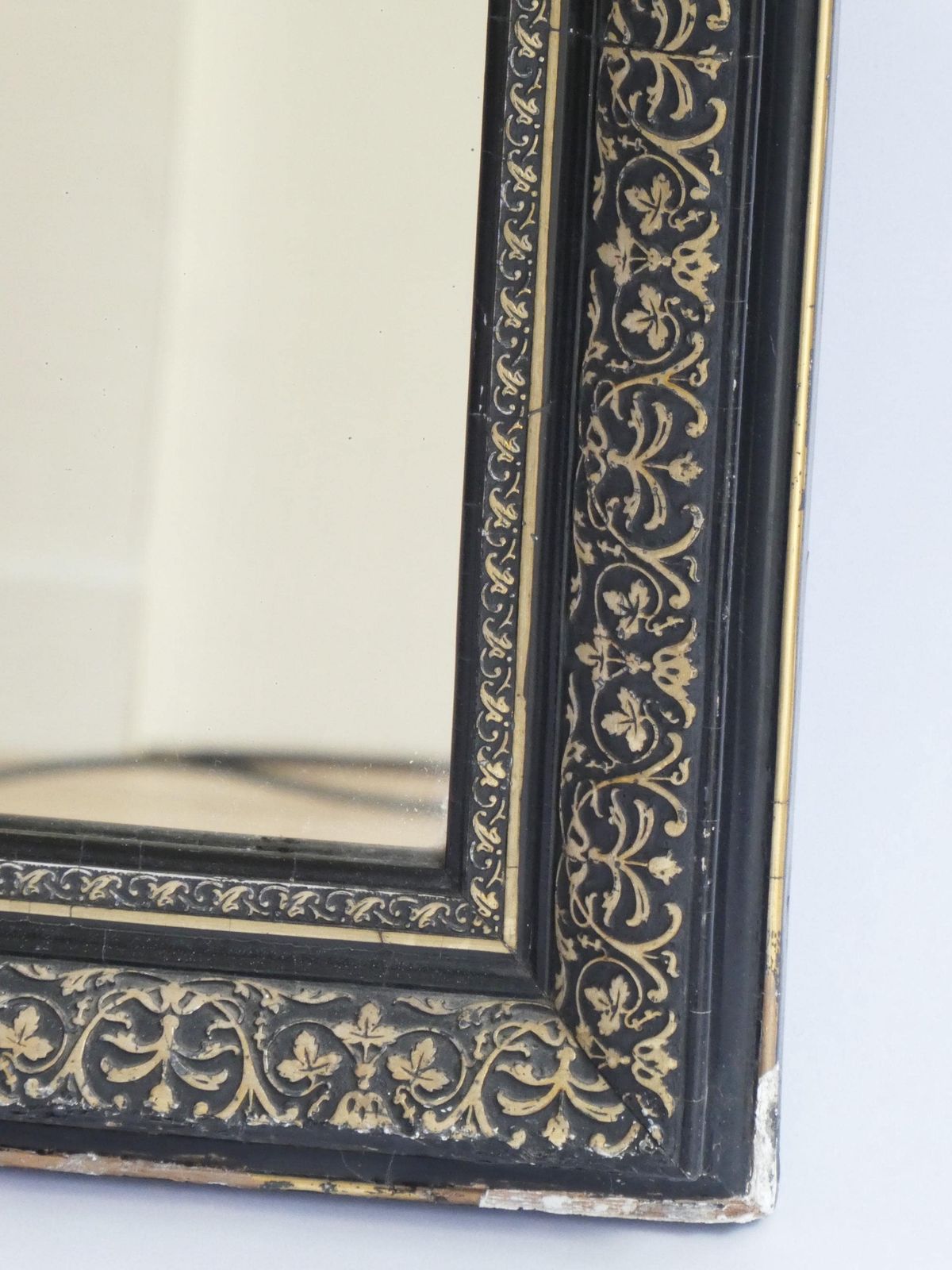 Antique French Arched Mirror, 19th Century Louis Philippe Black Gold With Ornament, Carved Wall Mirror photo 1487.0