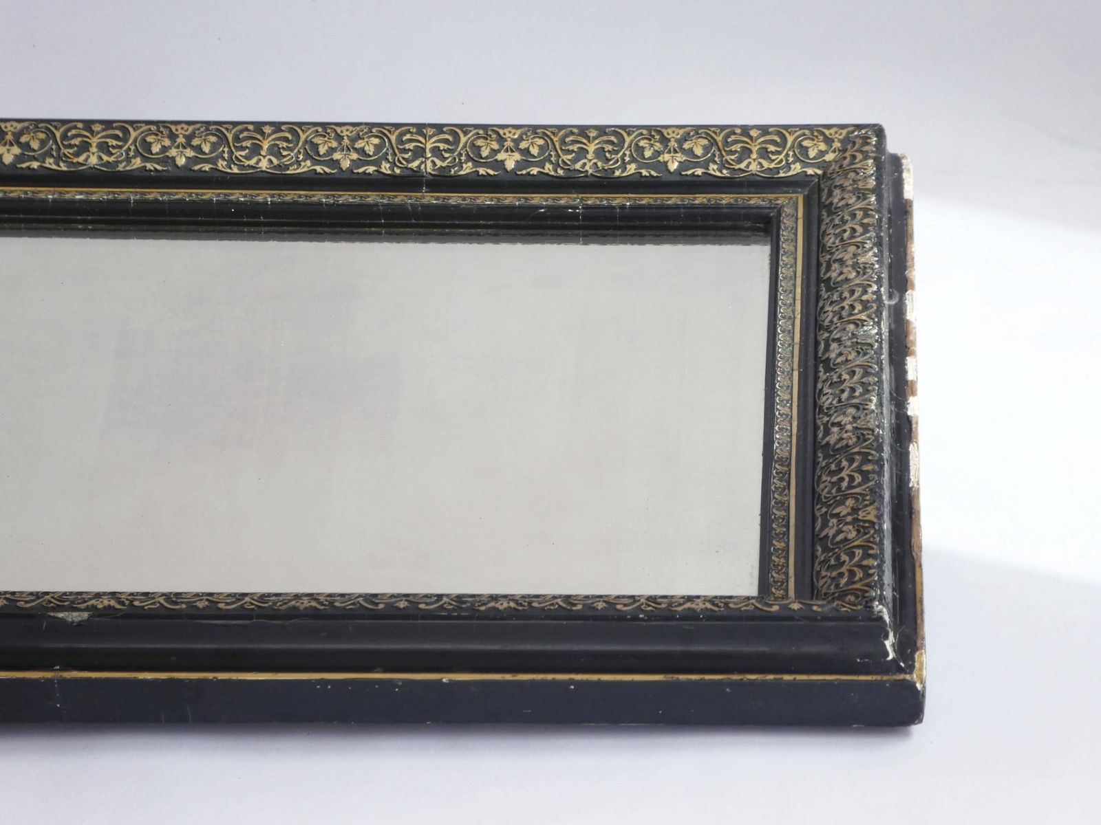 Antique French Arched Mirror, 19th Century Louis Philippe Black Gold With Ornament, Carved Wall Mirror photo vinterior