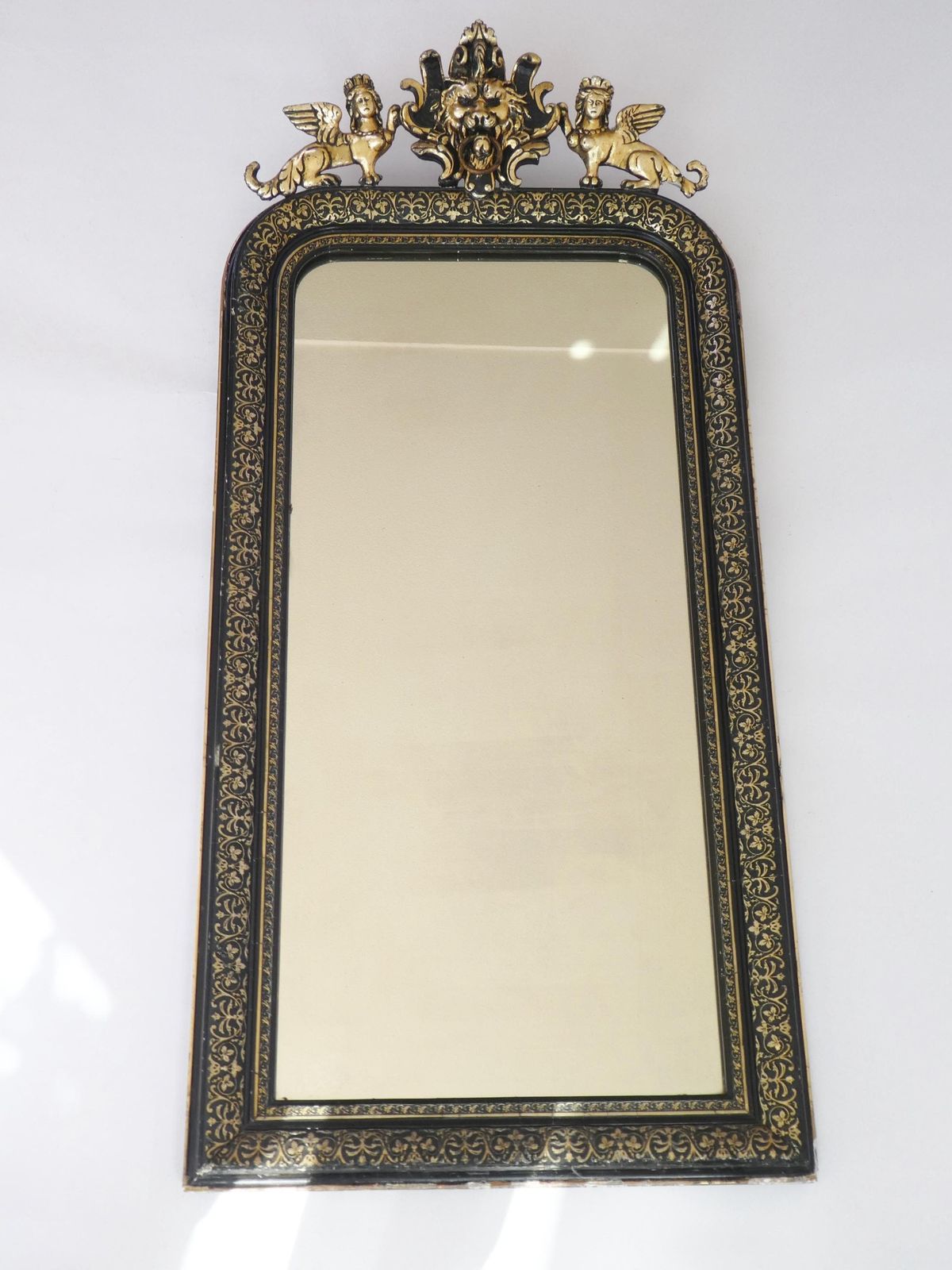 Antique French Arched Mirror, 19th Century Louis Philippe Black Gold With Ornament, Carved Wall Mirror photo vintage