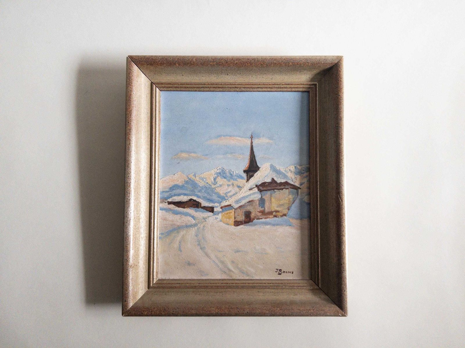 Swiss Mountain Chapel Snowy Alpine Painting By J. Bauer, Original Mid Century Artwork photo buy