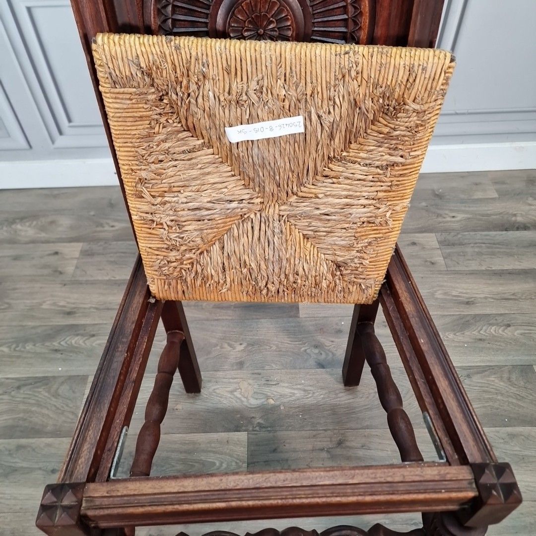 Furniture Antique Carved Wooden Chair Rush Seat Decorative Hall Neo Basque Style Walnut photo