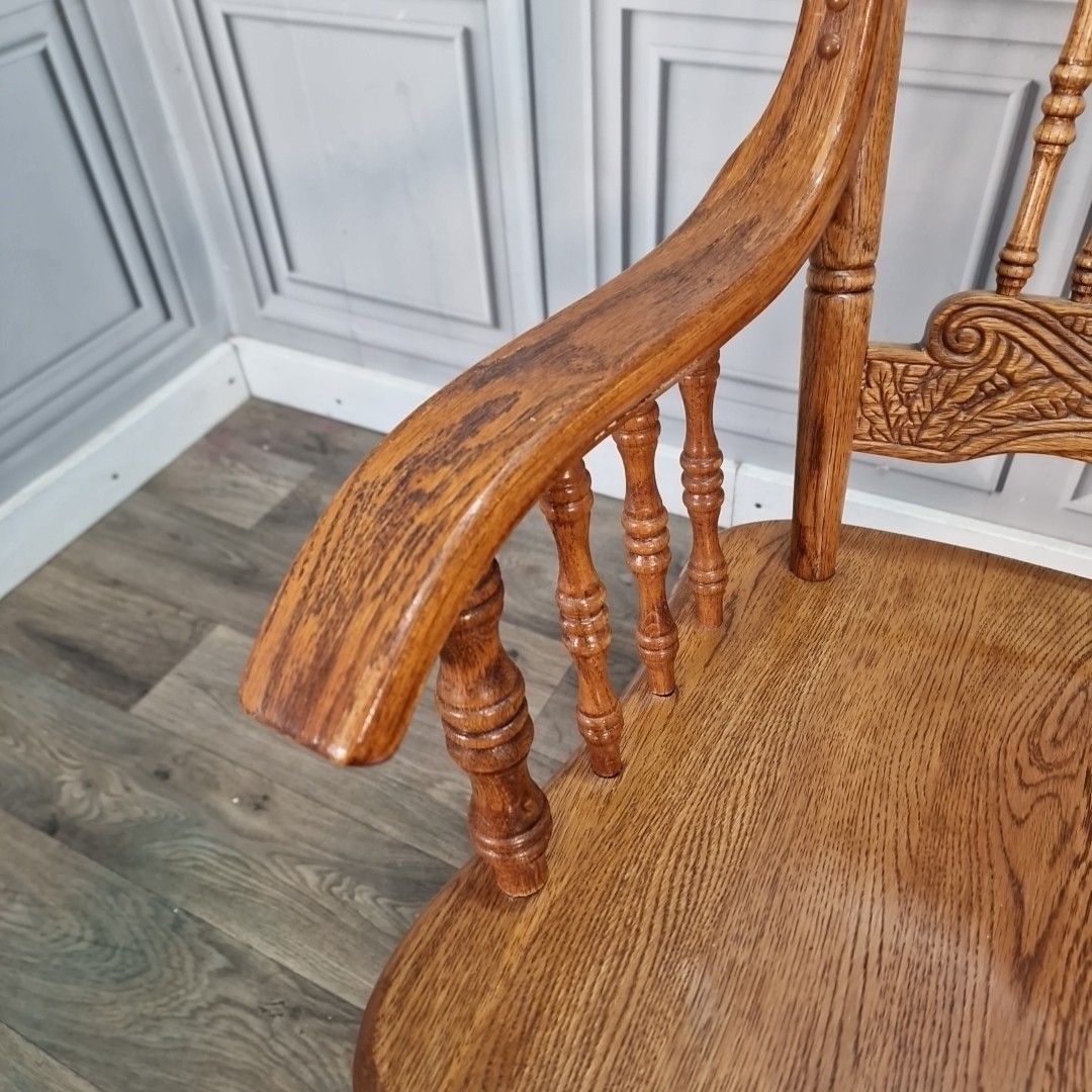 Vintage Oak Swivel Chair Wooden Desk Seat Colonial Style Office Armchair Carved photo vinterior
