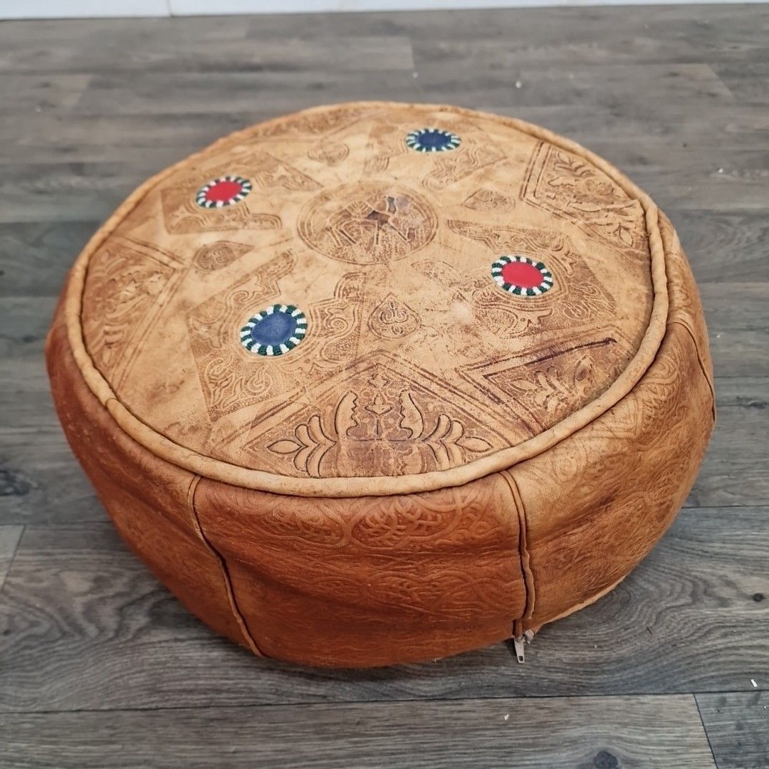 Vintage Leather Pouffe Footstool Moroccan Style Round Ottoman Camel Detailing photo furniture