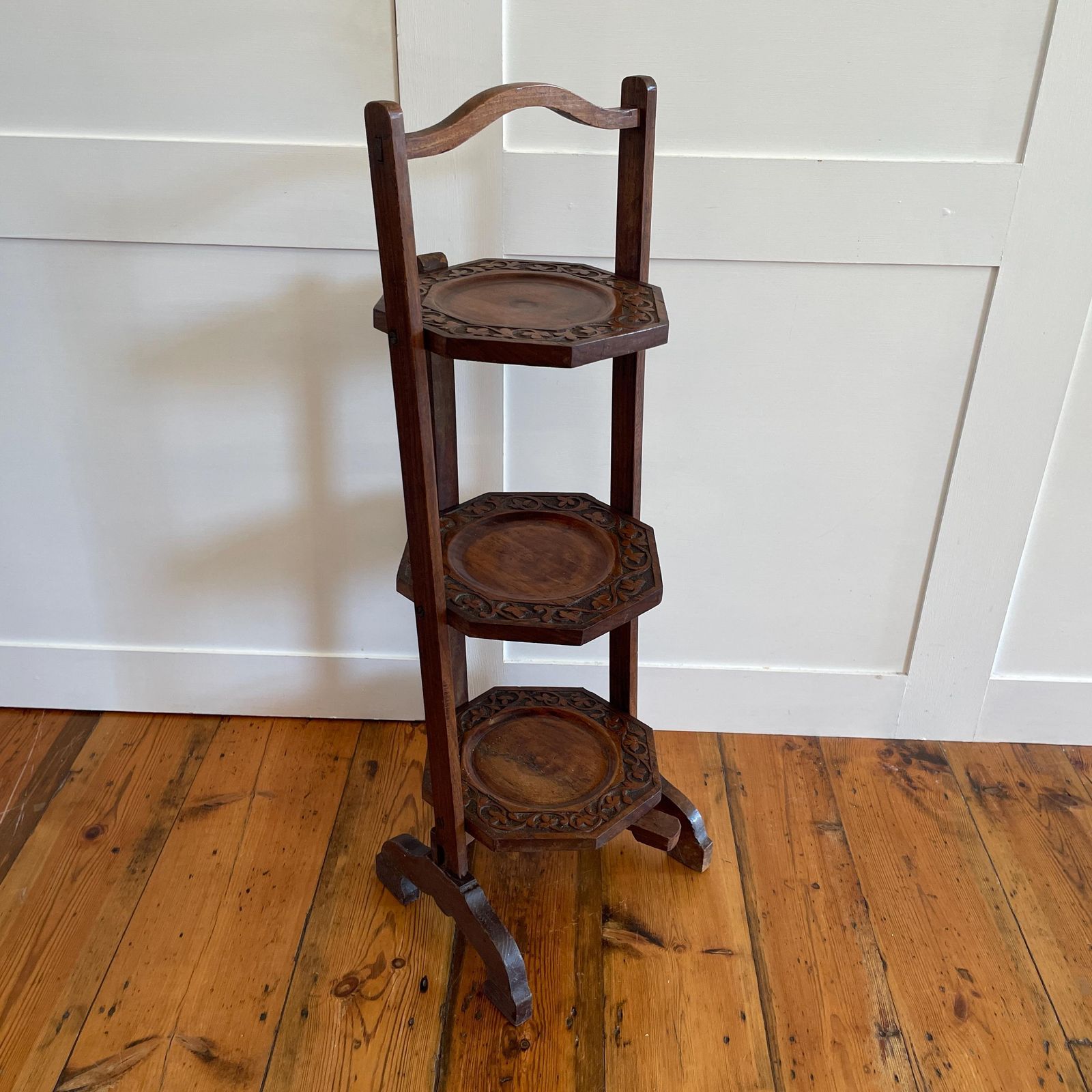 Edwardian Wooden Cake Stand 3 Tier Display Folding Kitchen Bakery Octagon Trays Hand Carved Early 1900's Tea Party Antique Muffin Stand