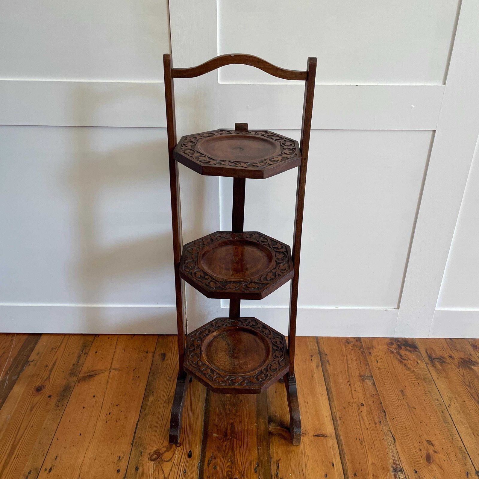 Edwardian Wooden Cake Stand 3 Tier Display Folding Kitchen Bakery Octagon Trays Hand Carved Early 1900's Tea Party Antique Muffin Stand photo furniture