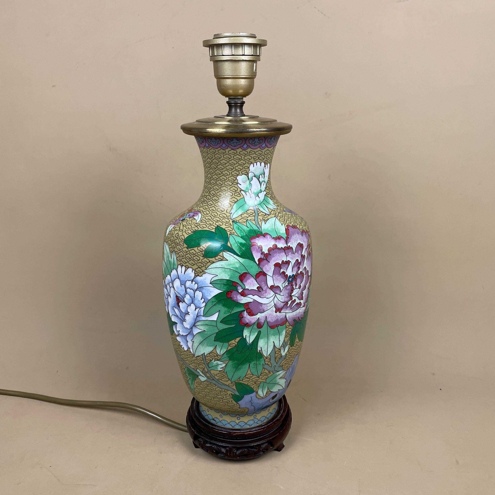 Oriental Cloisonne Lamp Gold Green Vase Hand Crafted Floral Light Table Brass Gold Chinoiserie Chinese Ornate Pattern Wood Base Flowers photo Lighting