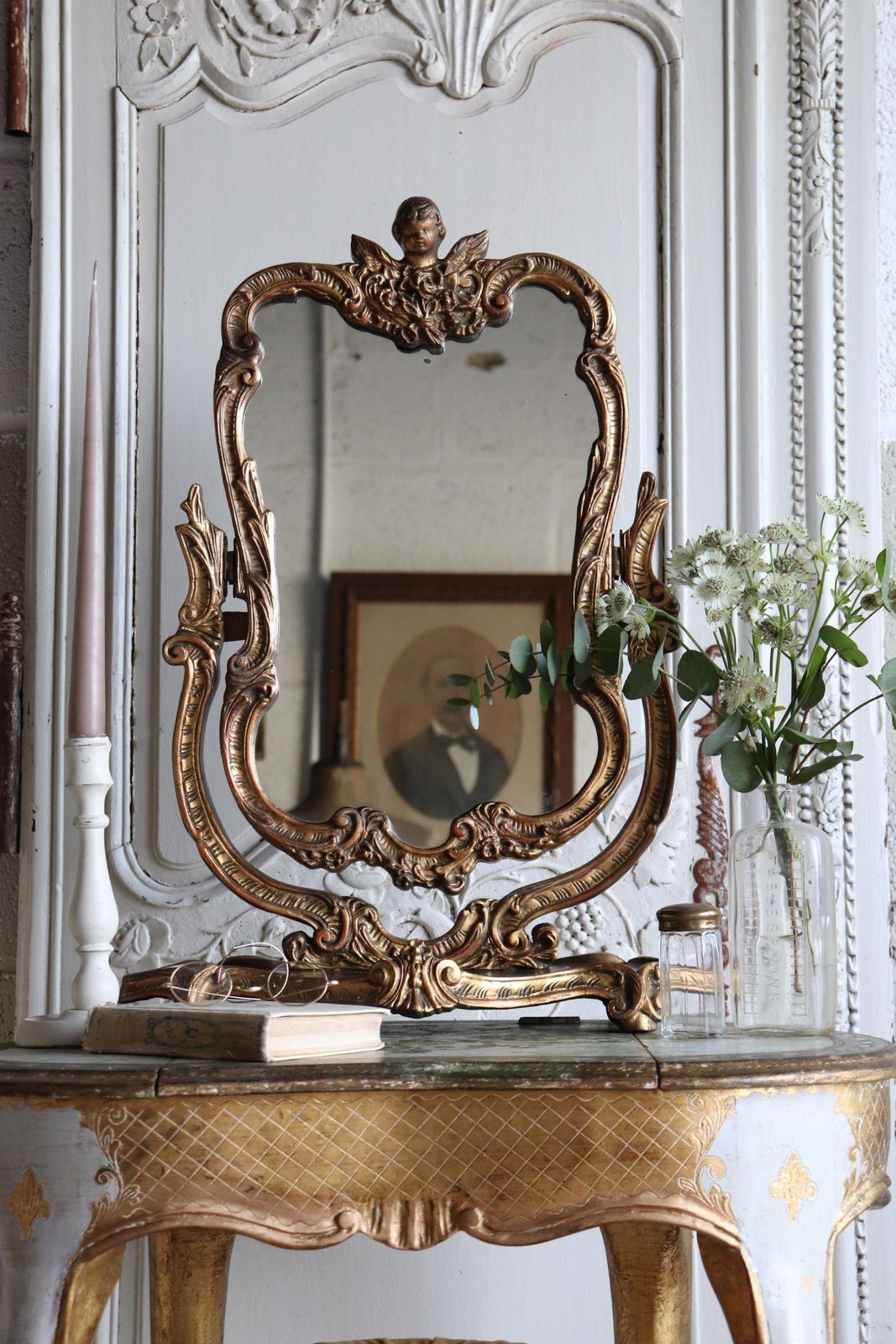 Ornate Freestanding Vintage Gilt Cherub Crested Dressing Table Mirror. photo Furniture