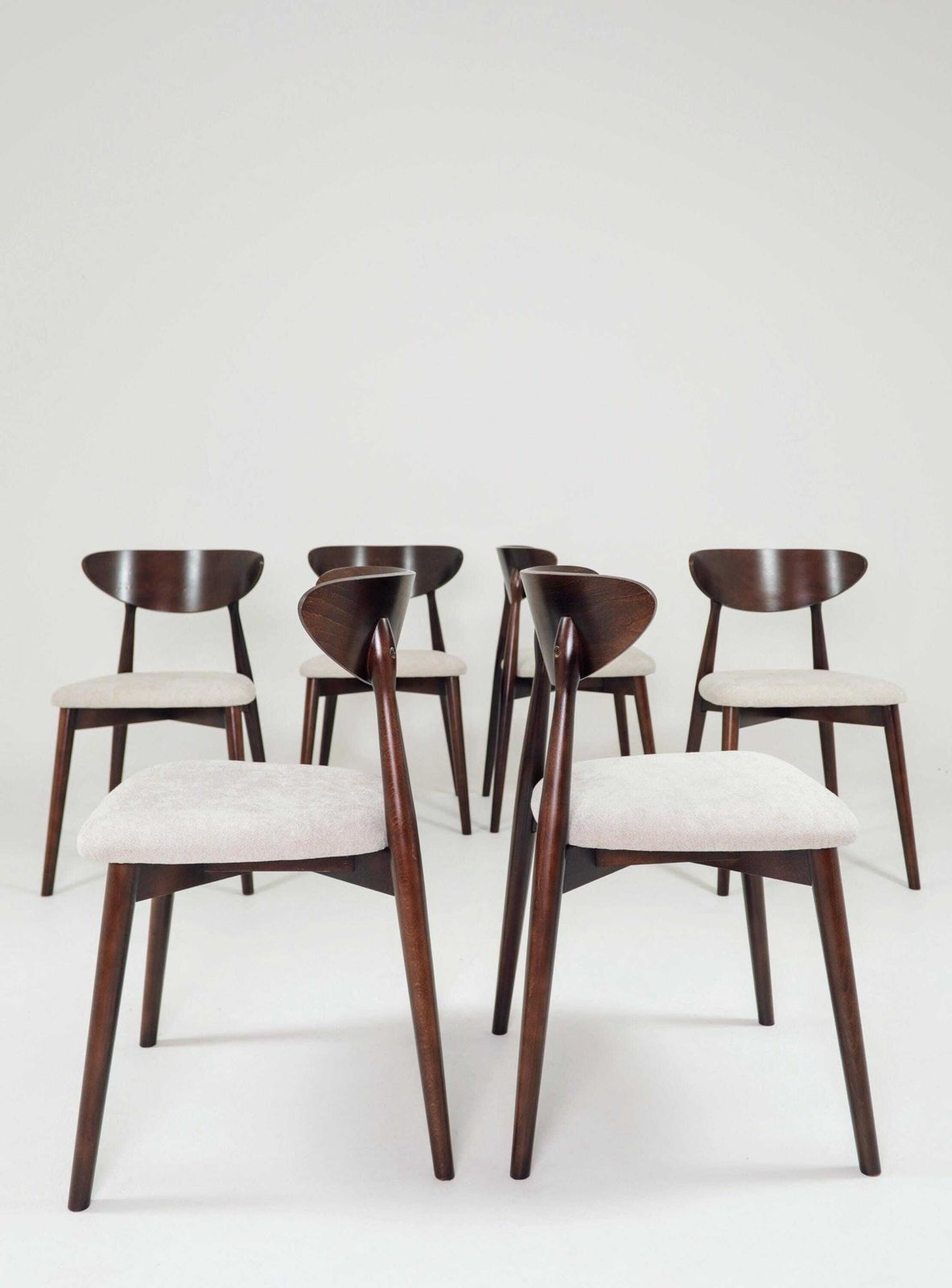 Modern Set Of 6 Dining Chairs, Ecru Farbic And Dark Walnut Beech Wood photo buy