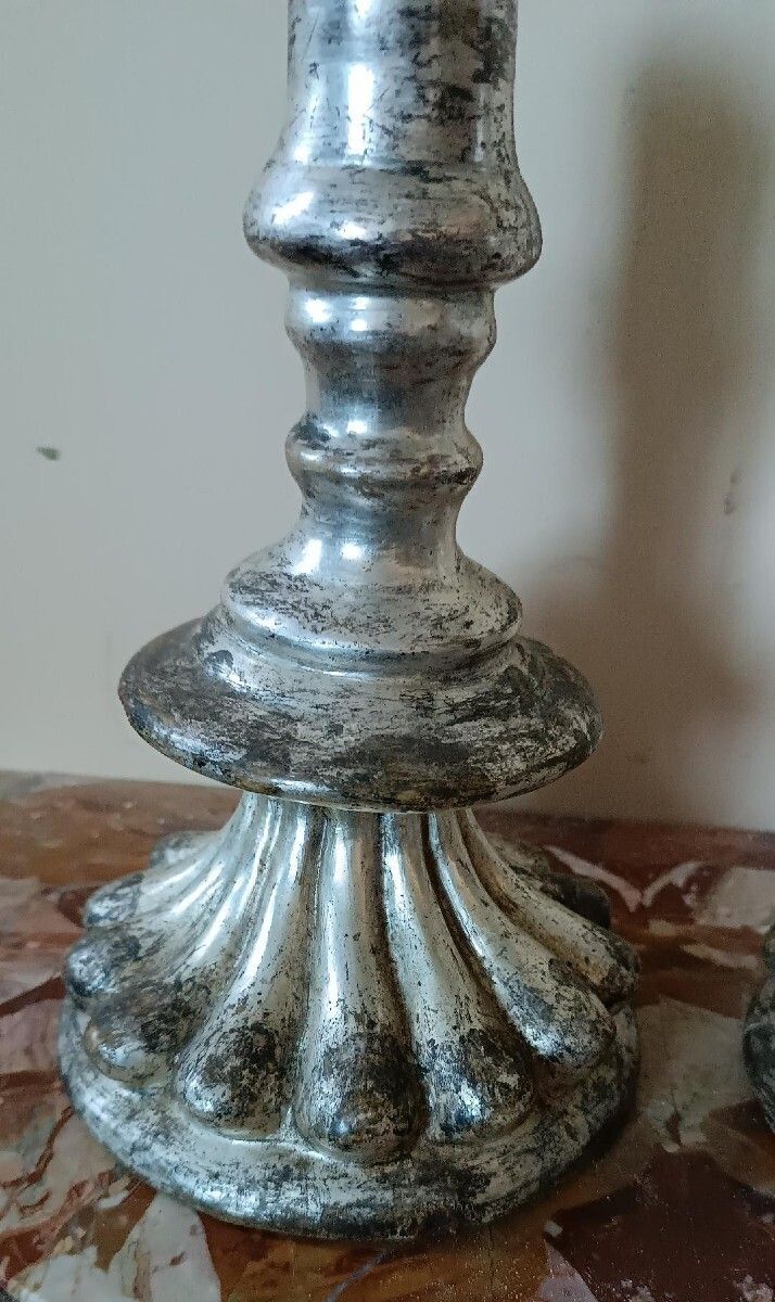 Rare Pair Of Antique Silvered Terracotta Candlesticks From The 17th Century photo buy