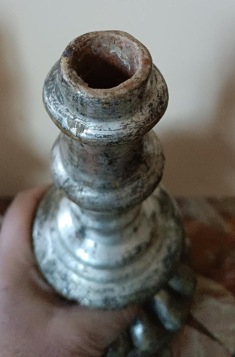 Rare Pair Of Antique Silvered Terracotta Candlesticks From The 17th Century photo vintage