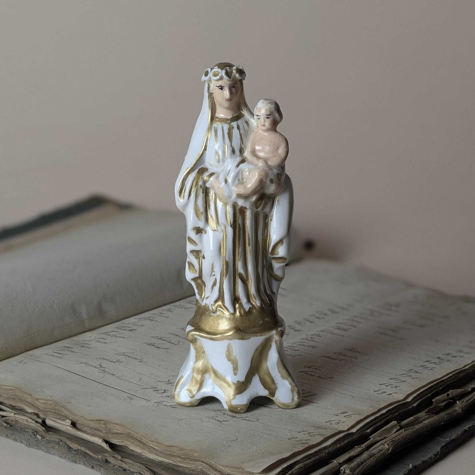 Antique Porcelain Madonna And Child Figurine, French Gilt Vieux Paris Virgin Mary Statue, Late 19th Century Catholic Altar Decor