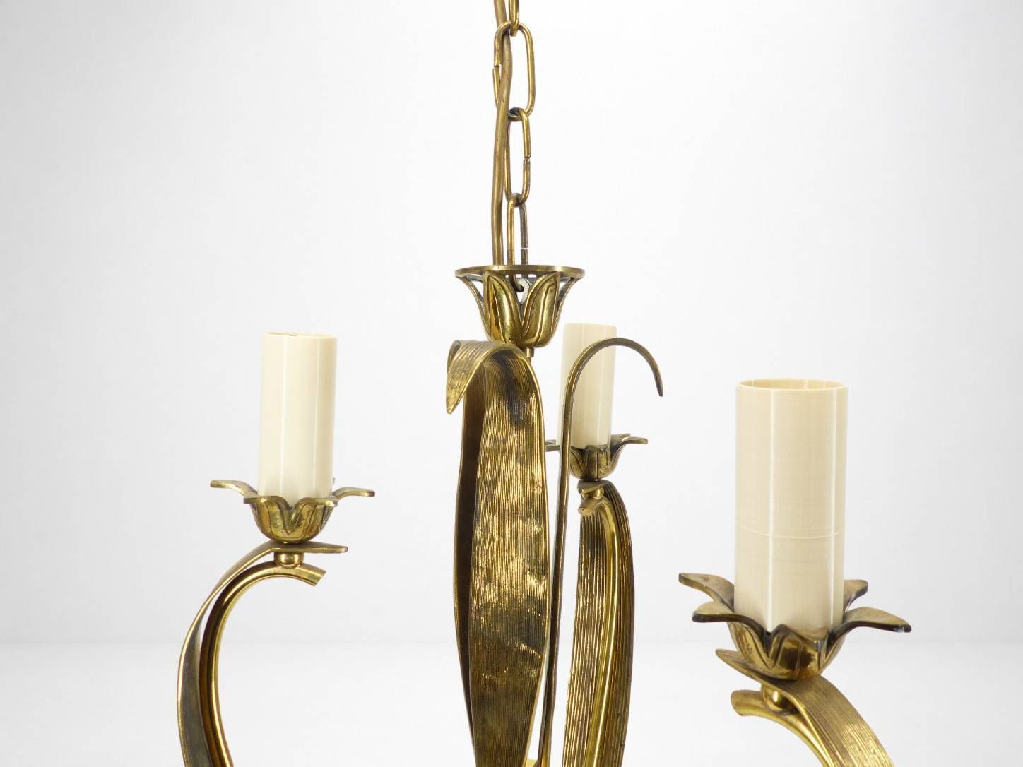 Three Arm Chandelier In Gilded Brass, With Foliage And Scroll Motifs, Art Deco Style, Circa 1950 photo for sale