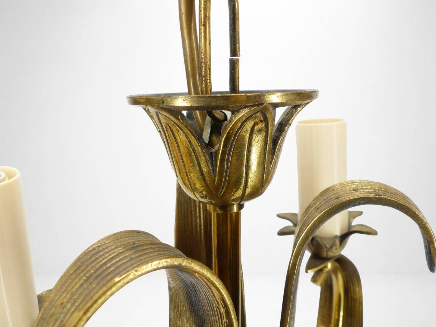 Three Arm Chandelier In Gilded Brass, With Foliage And Scroll Motifs, Art Deco Style, Circa 1950 photo vinterior
