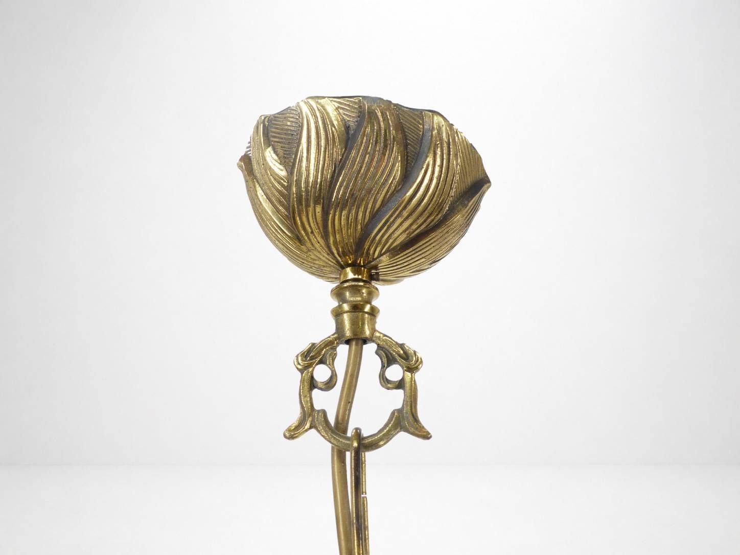 Three Arm Chandelier In Gilded Brass, With Foliage And Scroll Motifs, Art Deco Style, Circa 1950 photo buy