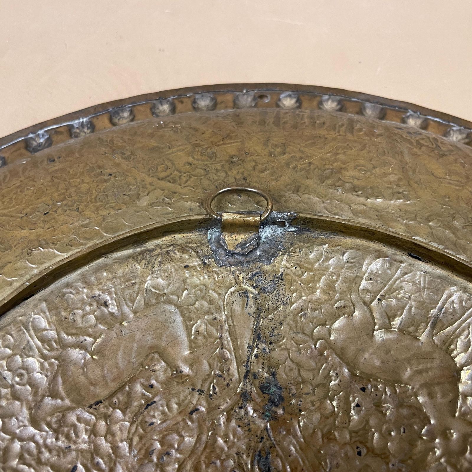 95.0 Indian Patterned Brass Tray Antique Metal Gold 40.5cm Plate Asian Handmade Etched Intricate Decorative Pattern Wall Art Round Vintage Circle photo