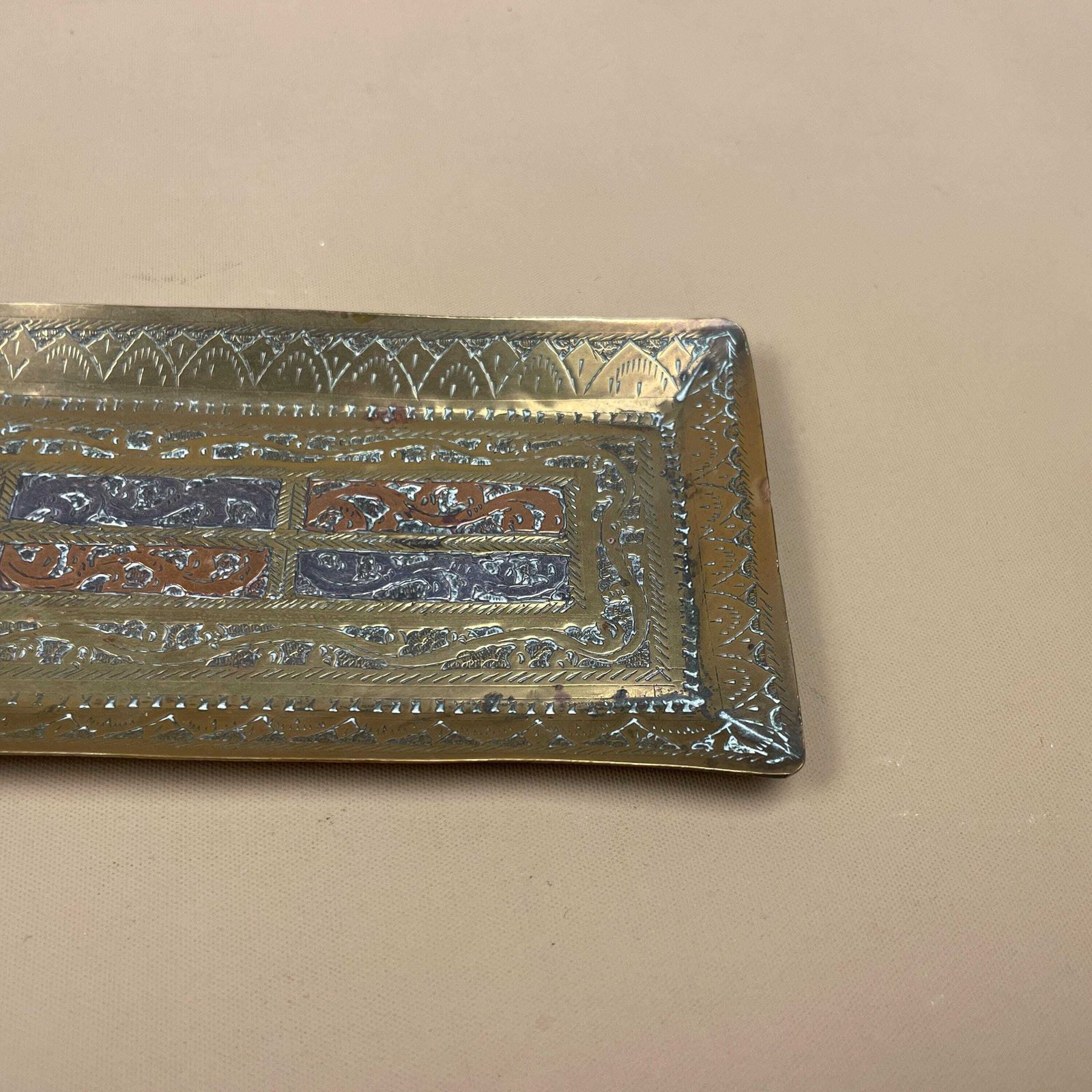 Antique Metal Gold Indian Patterned Brass Tray 17.5x7.1cm Asian Handmade Etched Intricate Decorative Patterned Small Rectangle Vintage photo vinterior