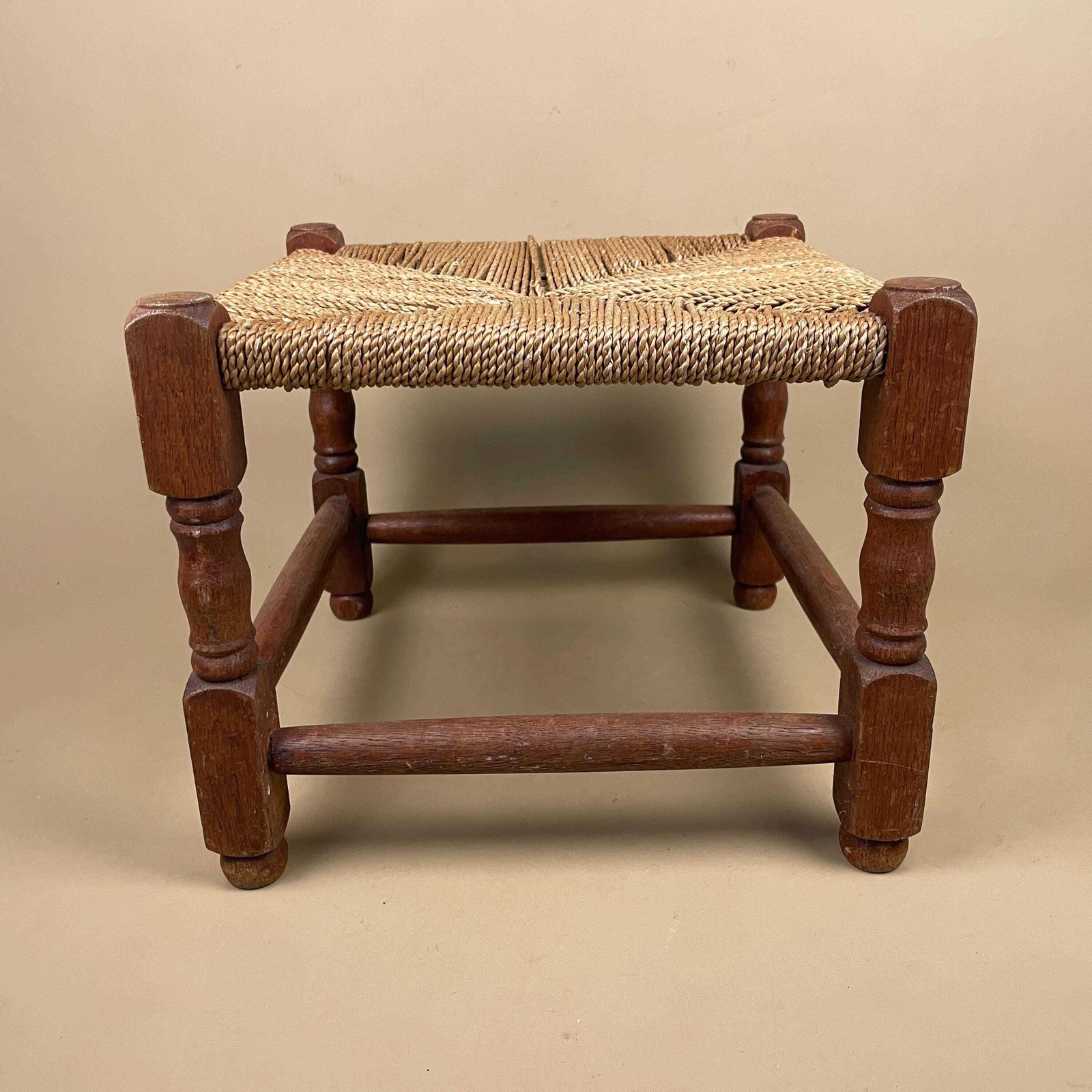 Antique Wooden Foot Stool Woven String Wood Cottage Furniture Square Brown Hallway Seat 28x33x33cm Footstool Bench Natural Rush Seat photo buy