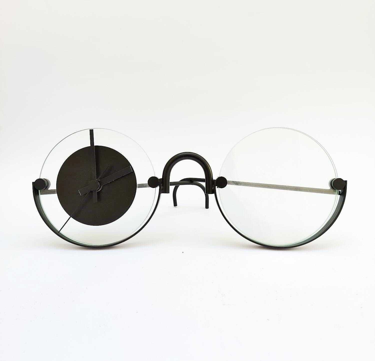 Vintage Metal Table Clock In The Shape Of Glasses, 1990s Industrial Design. photo furniture