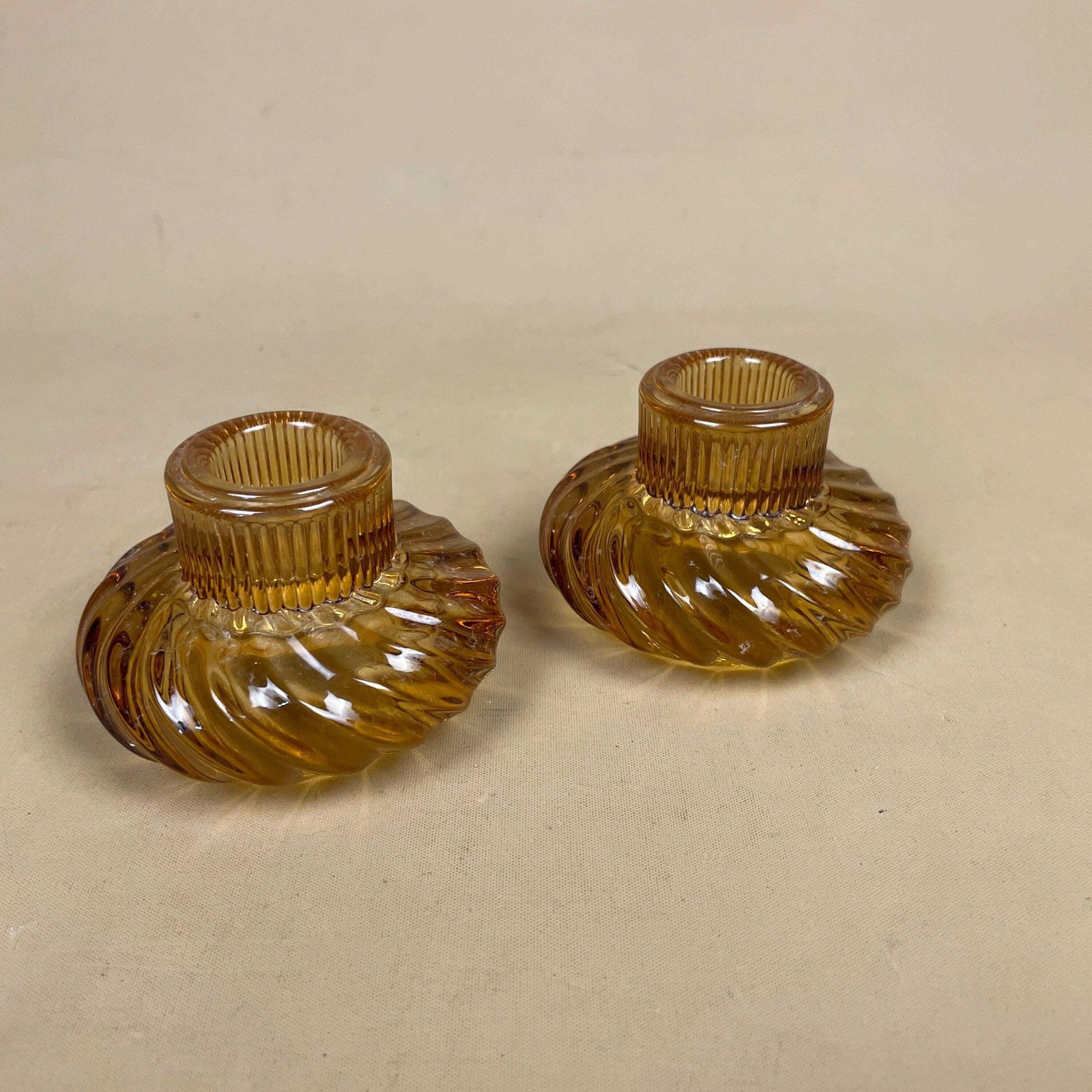 Vintage Pair Of Matching Amber Glass Candlestick Candle Stick Holder Lights Vintage Taper Dinner Candlesticks Round Base Tea Light Holders photo furniture