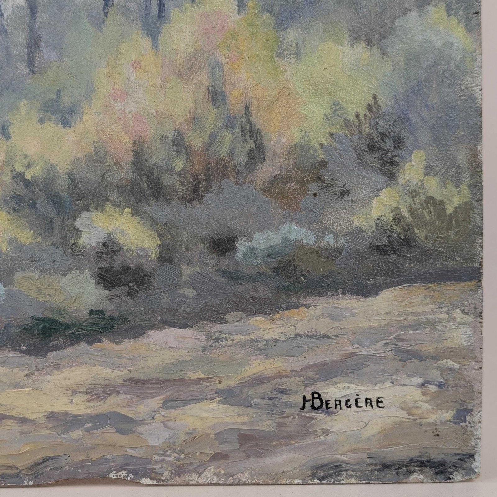French Impressionist Oil Landscape Painting, Signed Hubert Bergère, Pine Trees On Wood Panel, Mid Century Country Art photo for sale