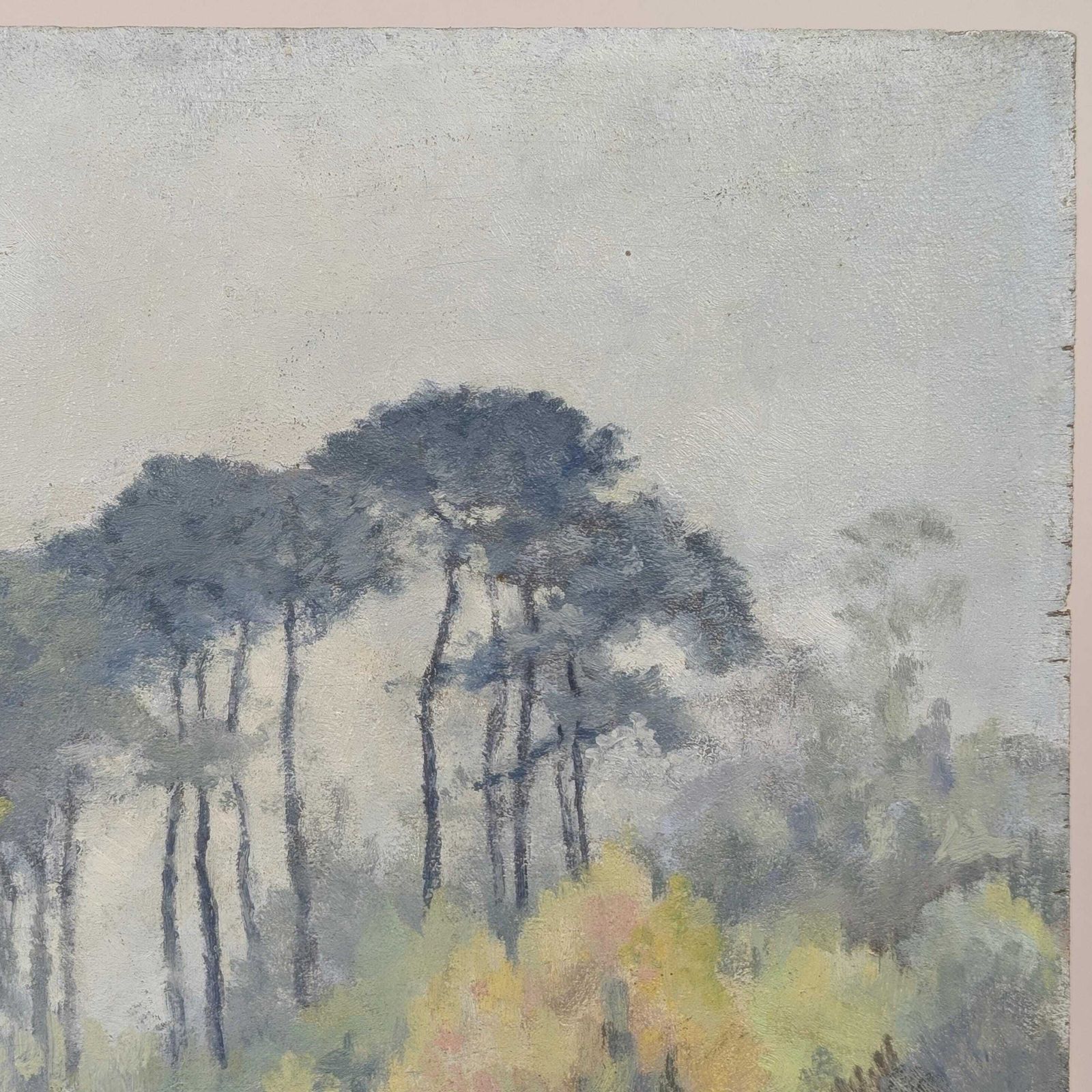 French Impressionist Oil Landscape Painting, Signed Hubert Bergère, Pine Trees On Wood Panel, Mid Century Country Art photo buy