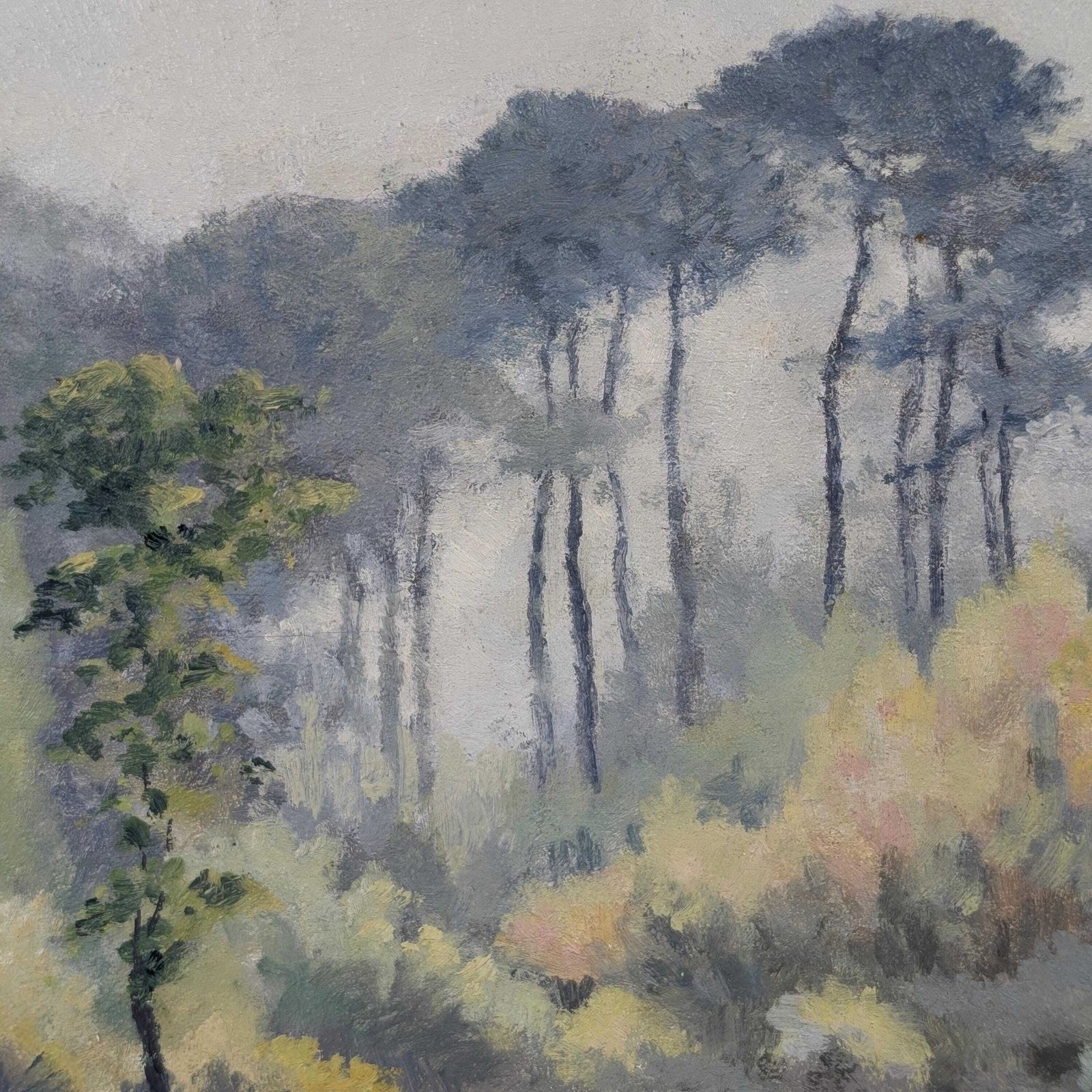 French Impressionist Oil Landscape Painting, Signed Hubert Bergère, Pine Trees On Wood Panel, Mid Century Country Art photo vintage