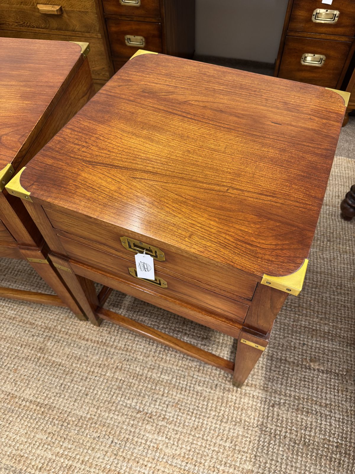 Pair Of Campaign Style Hardwood Bedside Tables photo for sale
