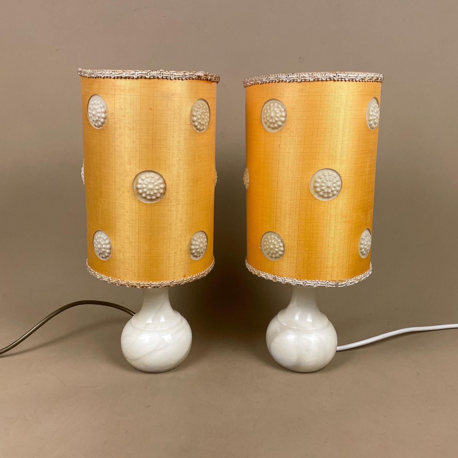 Onyx Marble Table Lamps Pair Yellow Shades Retro Bedside Lighting Alabaster Base Mid Century Decor Small Matching Lamp Set