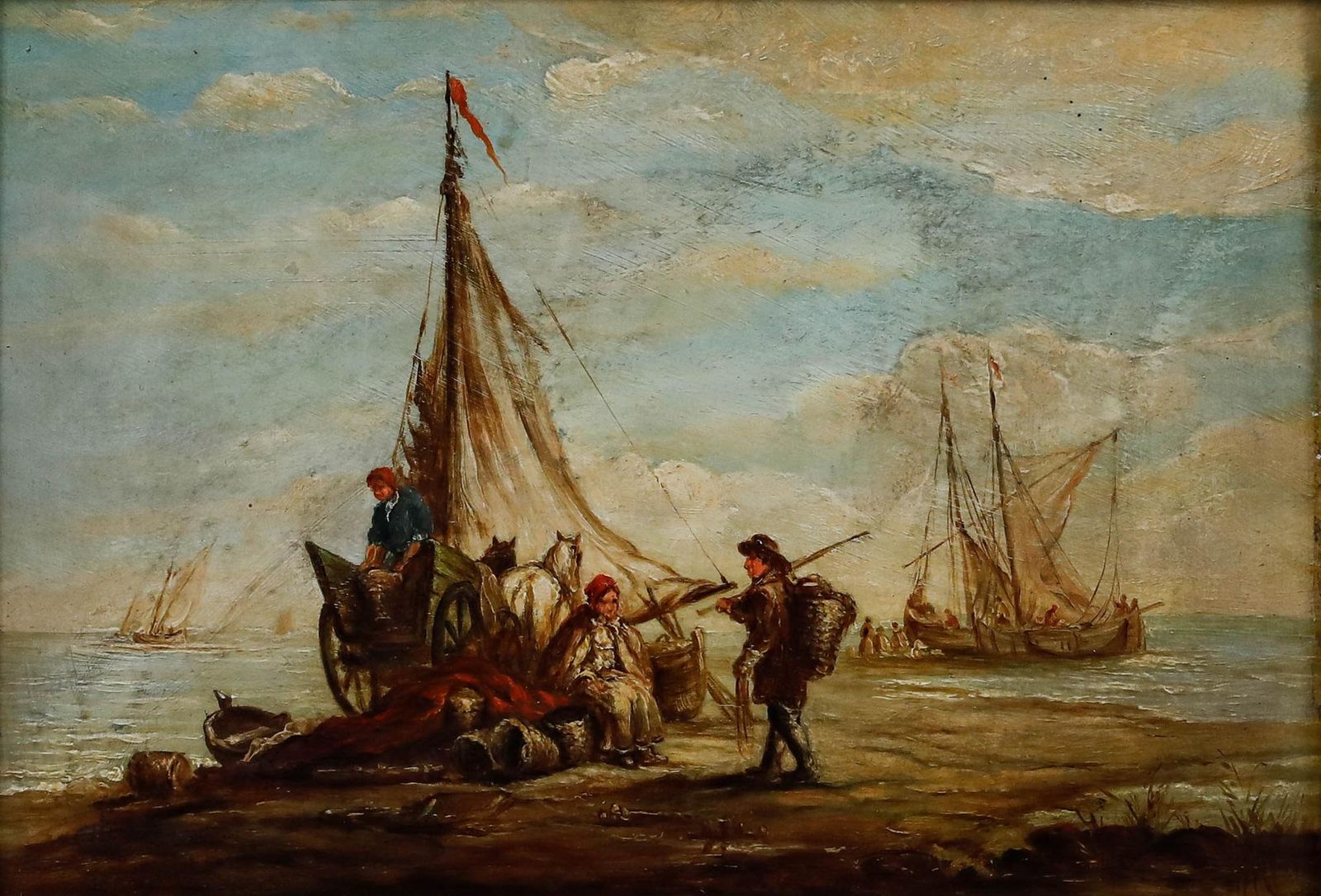 Framed 19th Century Oil Fishermen At Low Tide photo furniture