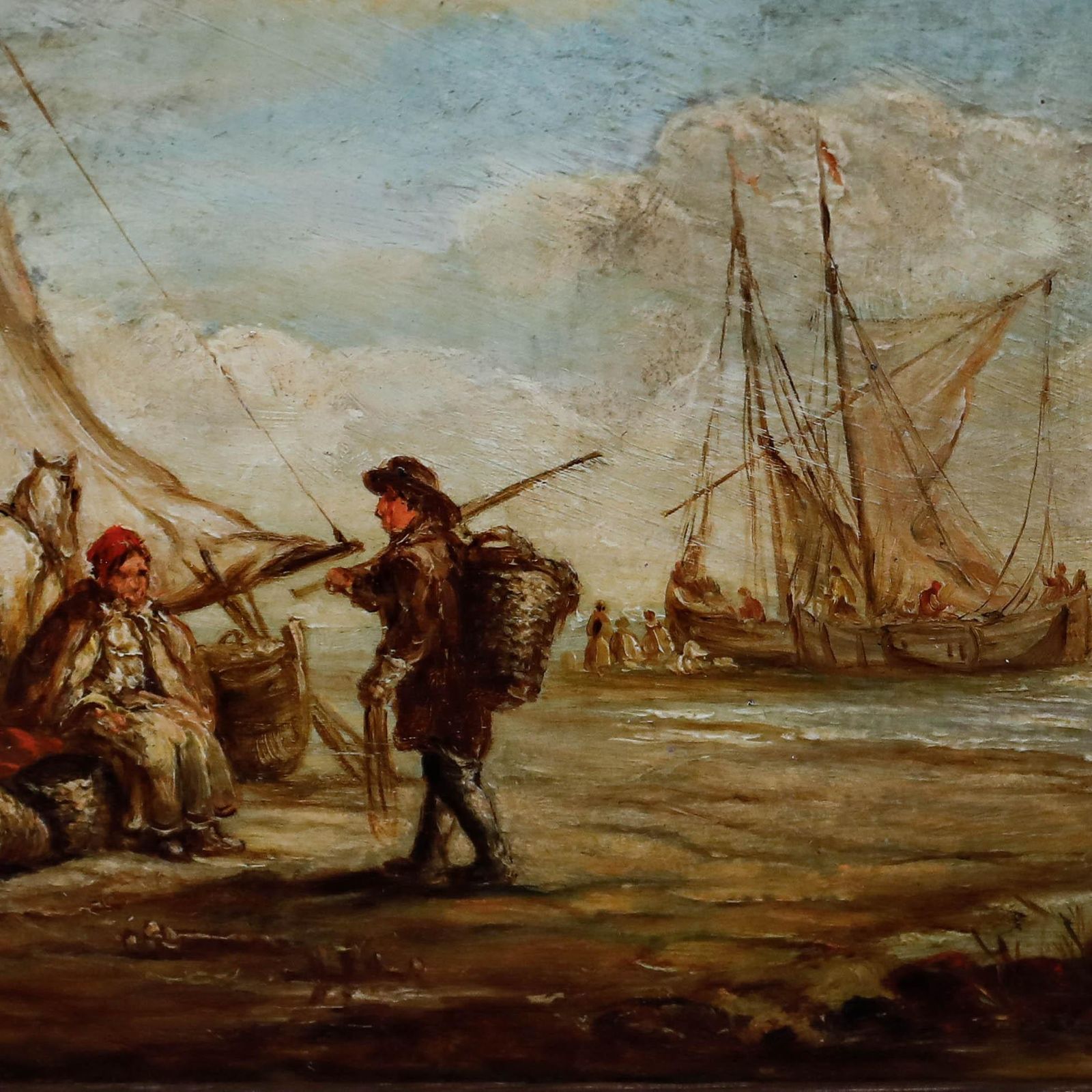 Framed 19th Century Oil Fishermen At Low Tide photo Art