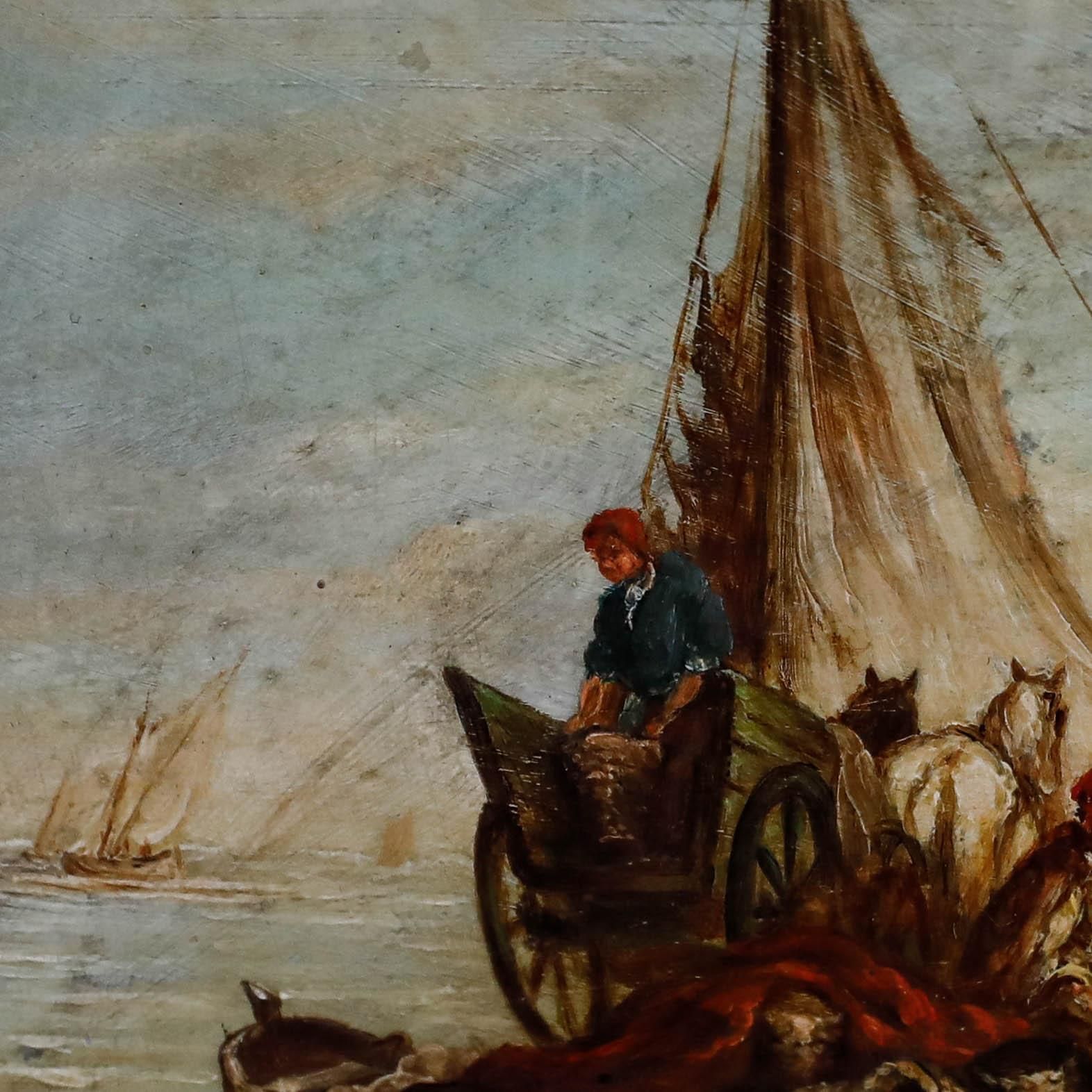 Framed 19th Century Oil Fishermen At Low Tide photo 350.0
