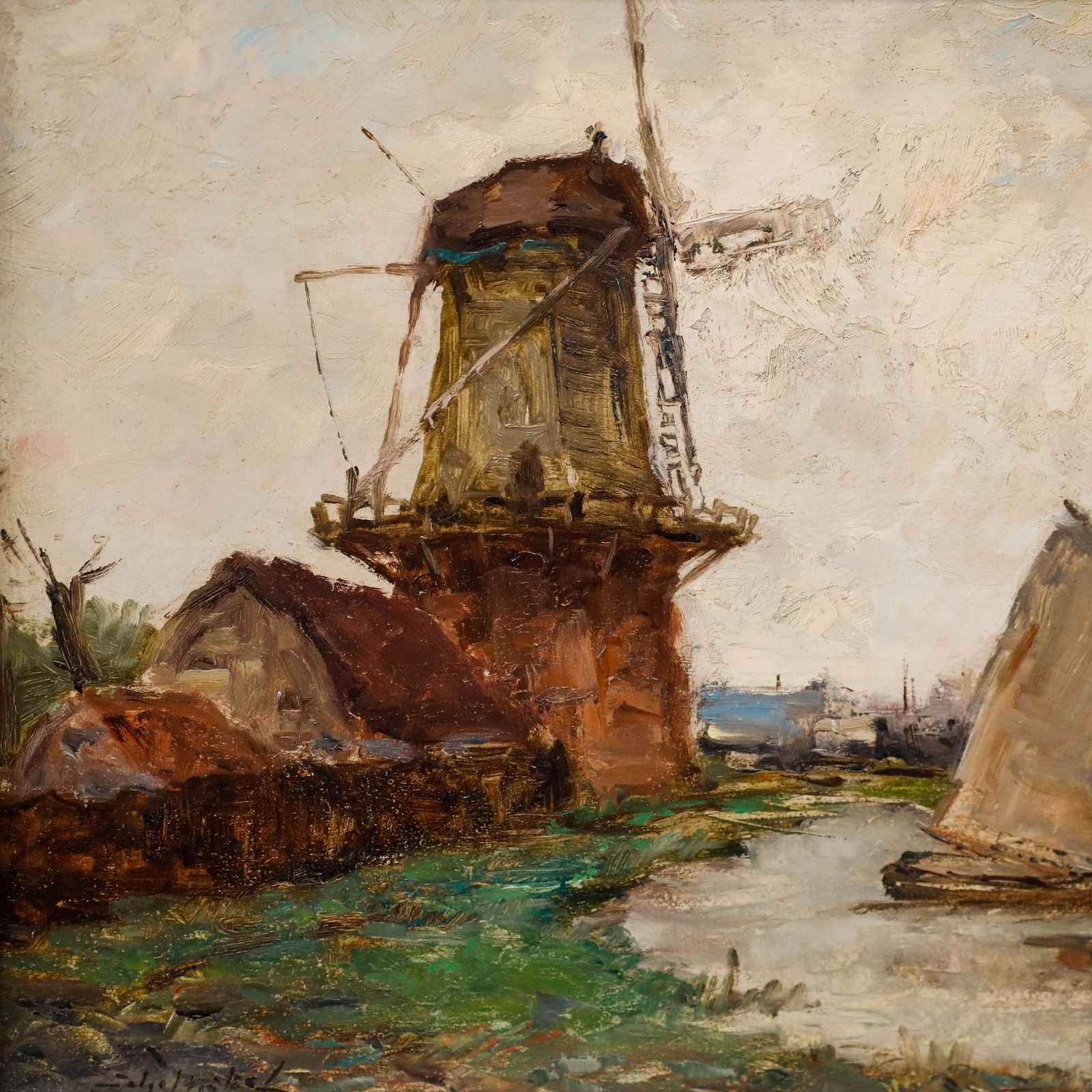 Josef Helmut Schilhabel (1896 1970) Framed Oil, Dutch Mill By The Canal photo vinterior