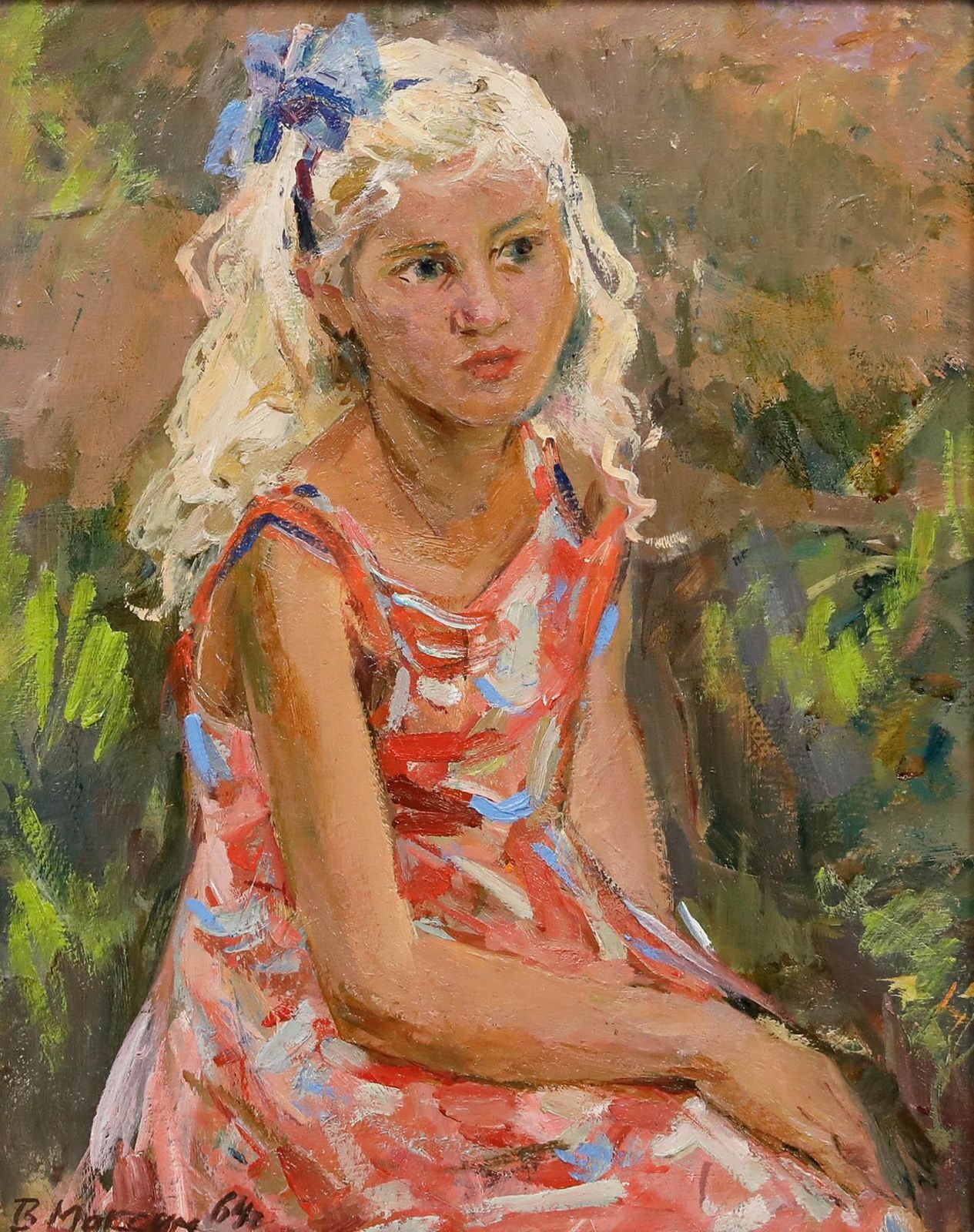 Vera Maksimoushkina (1923 1997) Framed Oil, Girl In The Floral Dress photo furniture