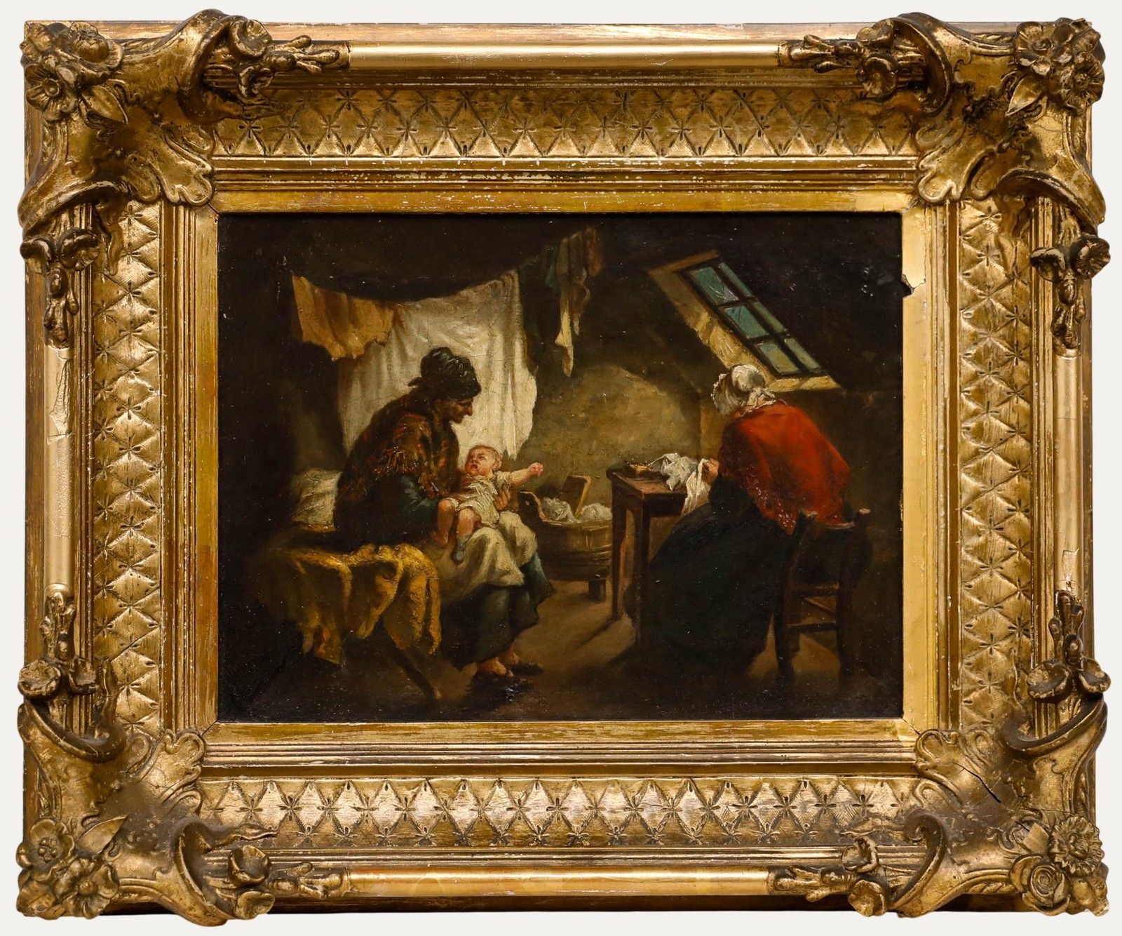 Framed 19th Century Oil Interior Scene With Women And Baby