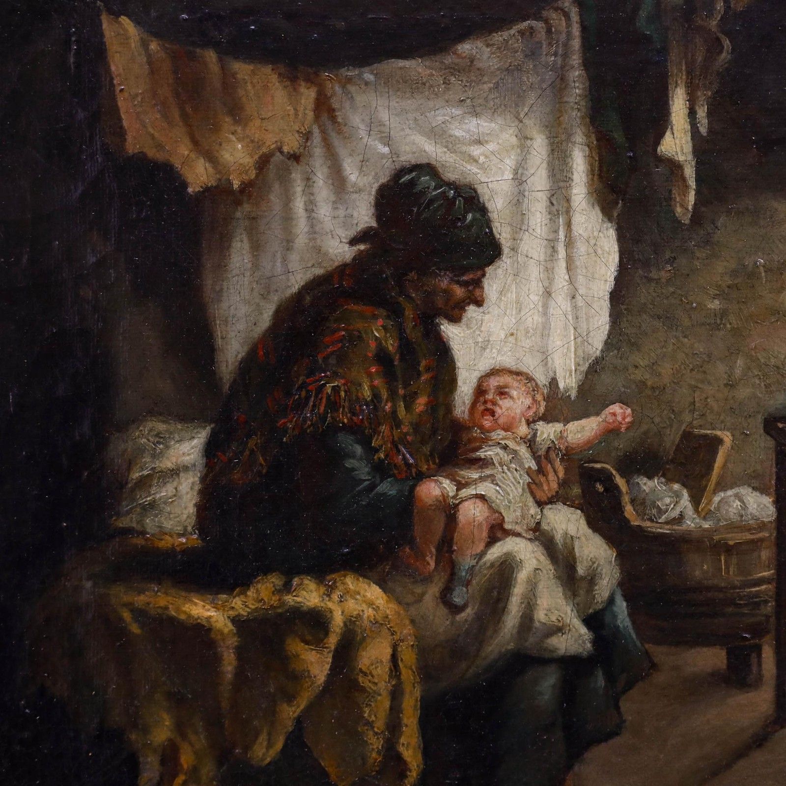 Framed 19th Century Oil Interior Scene With Women And Baby photo Art