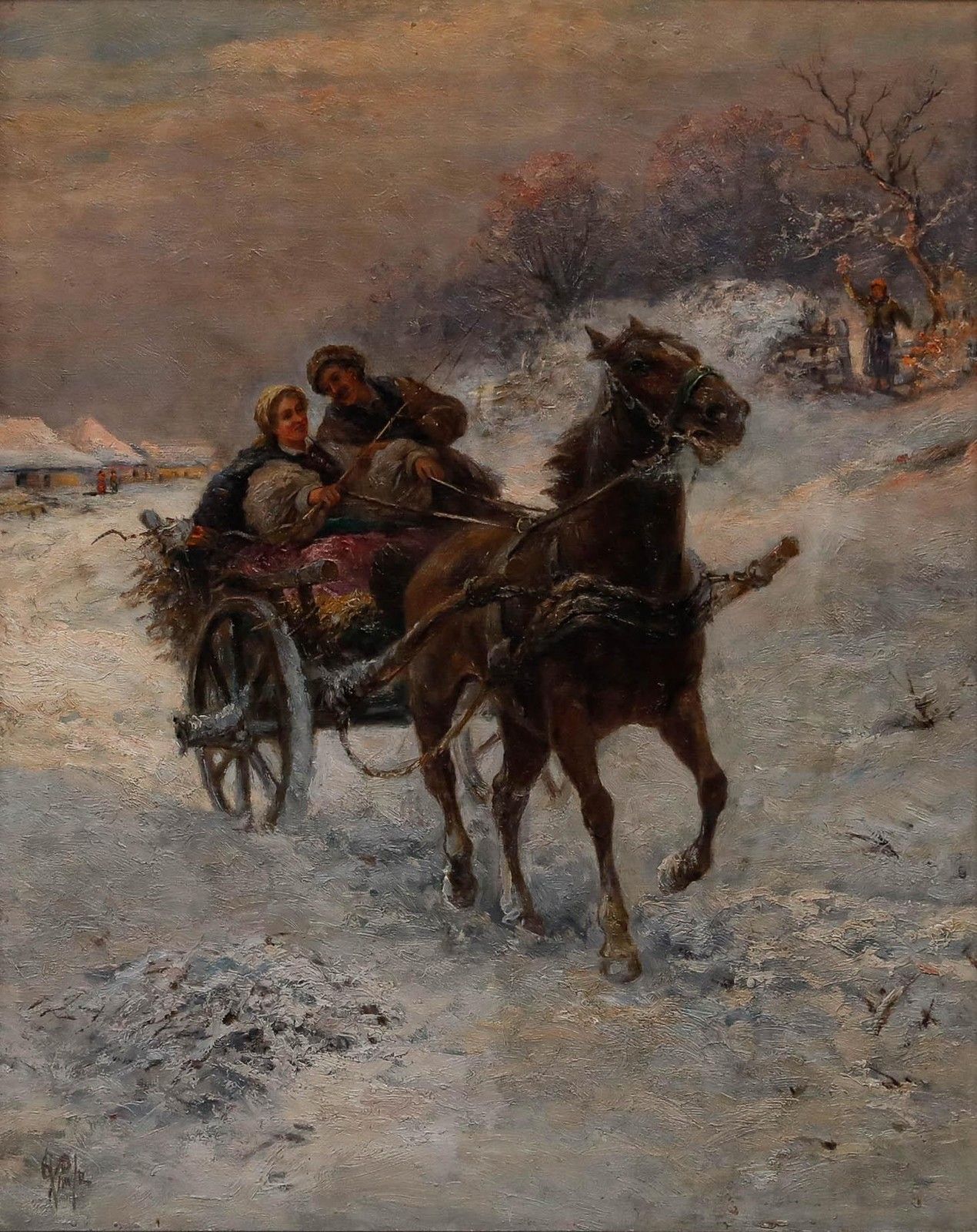 Gustav Prucha (1875 1952) Early 20th Century Oil, Dashing Through The Snow photo furniture