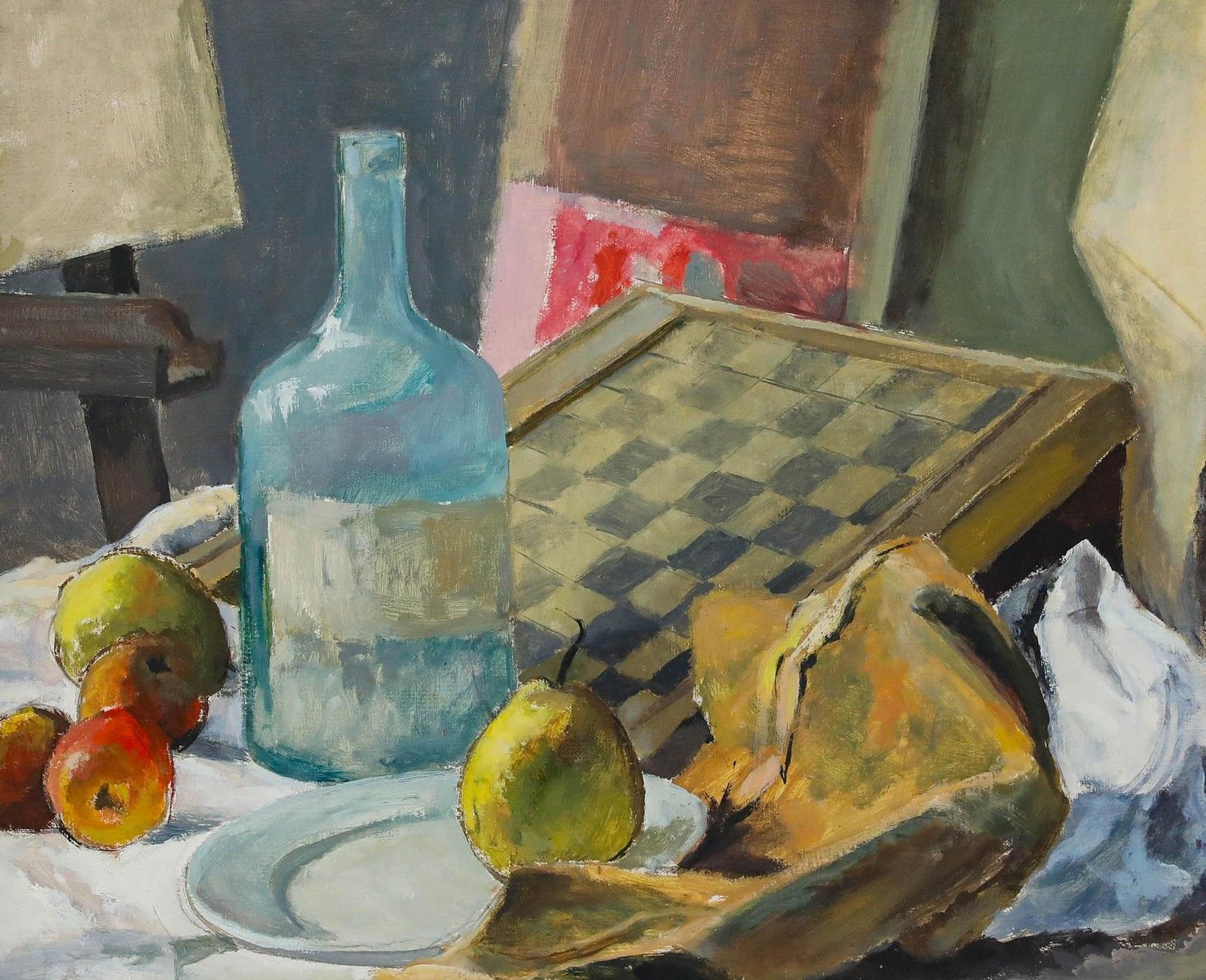 Pierre Neveu (B.1929) Framed 20th Century Oil, Still Life With Draughts Board photo furniture