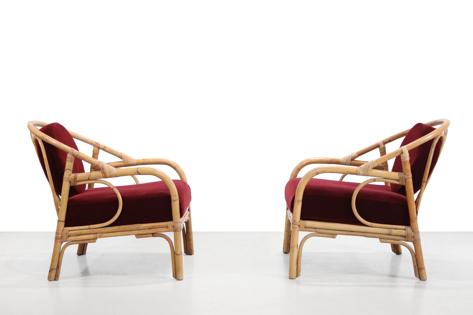 Set Of 2 Bamboo And Rattan Armchairs With Bordeaux Red Mohair photo for sale