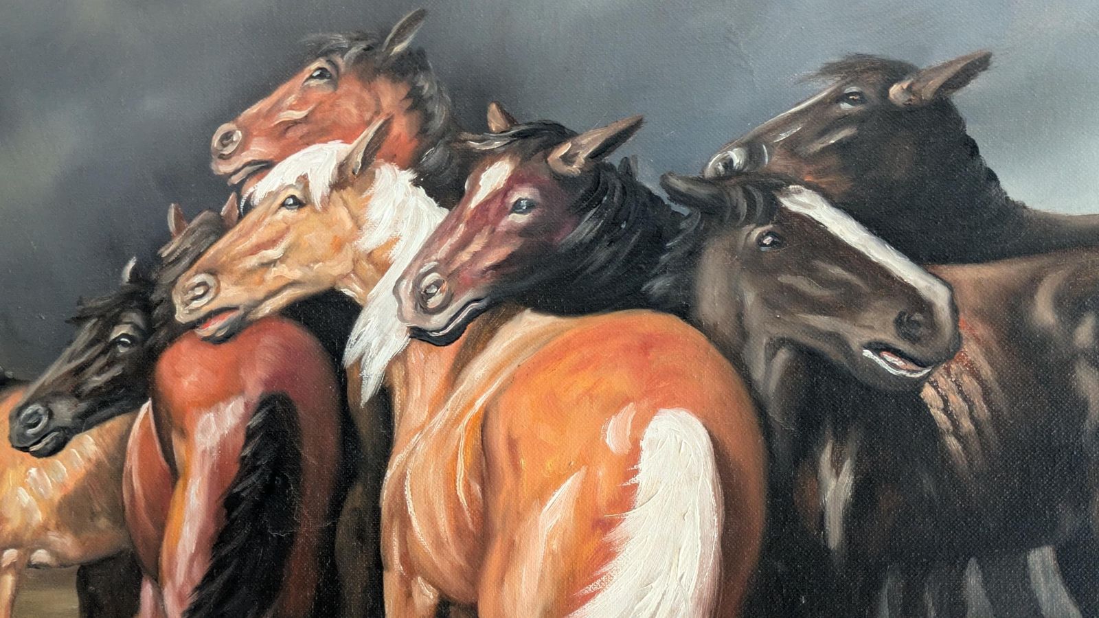 Vintage Large Equestrian Oil Painting On Canvas"The Gathering Storm" photo for sale