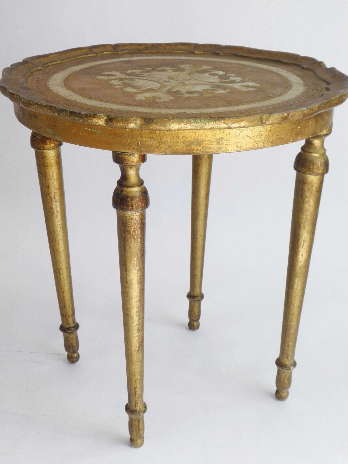 Round Mid Century Italian Florentine Side Table, Golden And White Wooden Entryway Table, Plant Stand Hollywood Regency photo for sale