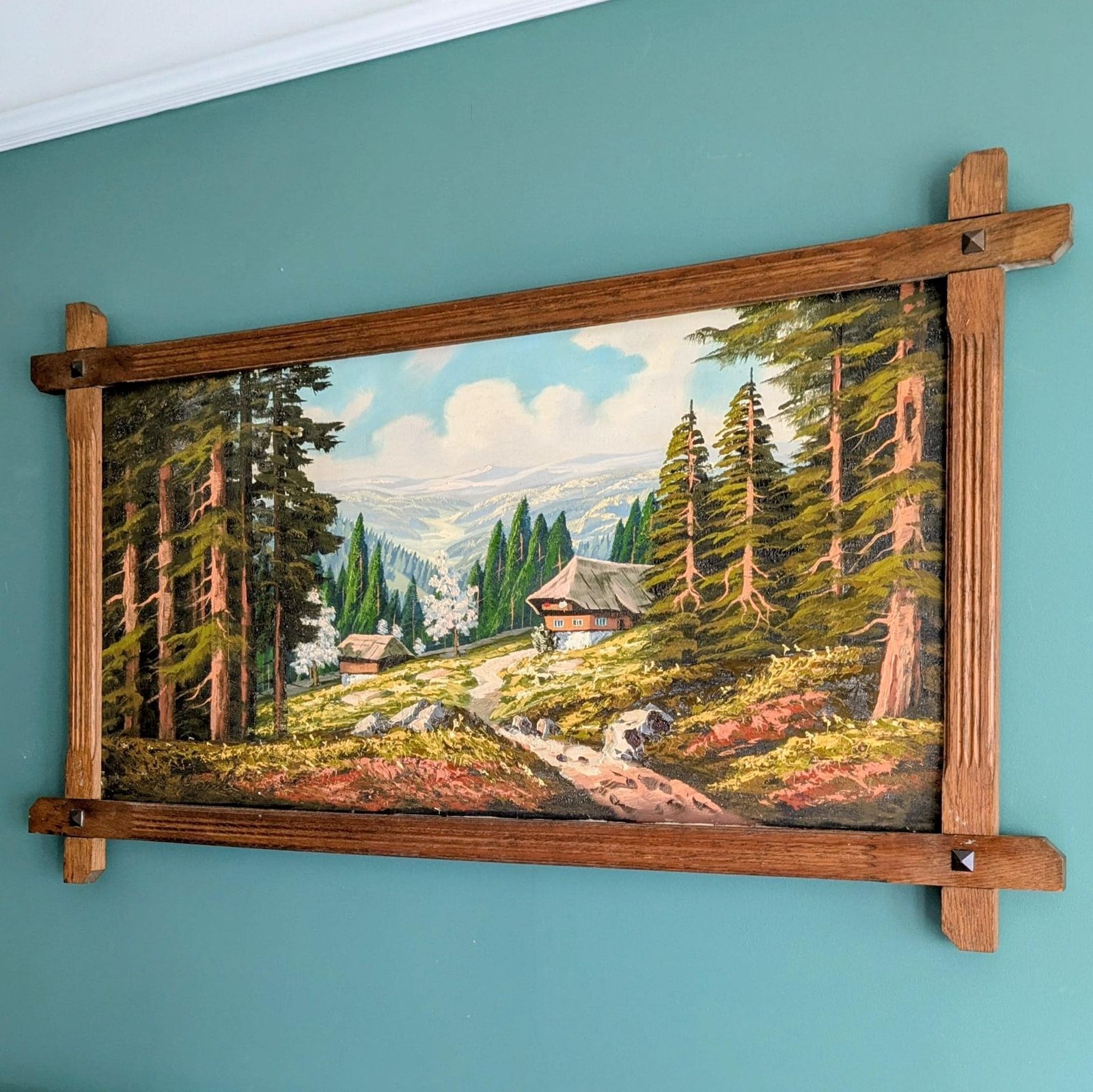Vintage Large Alpine Landscape Oil Painting | Hand Painted Mountain Chalet Scene