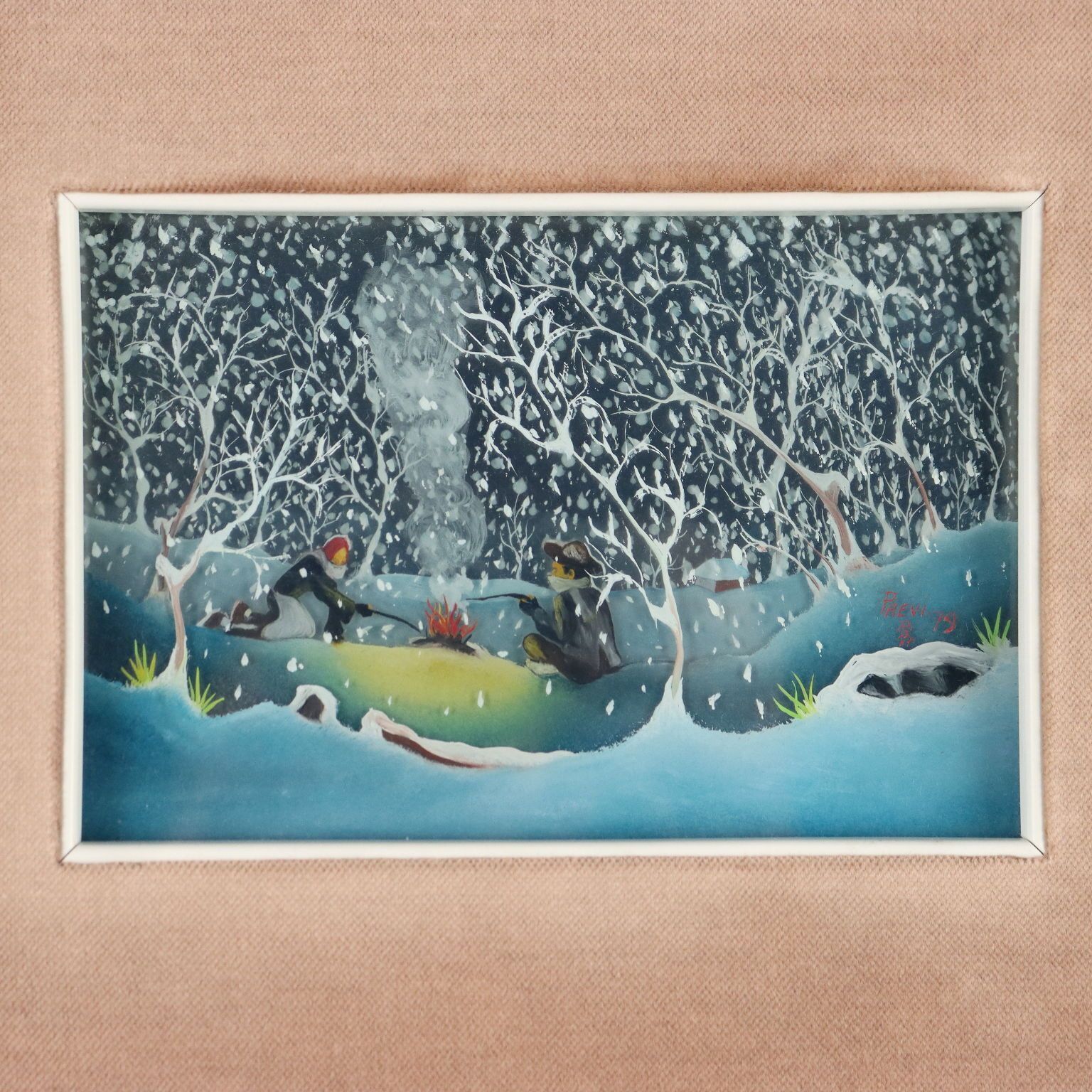 Peinture naïve contemporaine M. Previ, huile sur verre, 1979 photo for sale