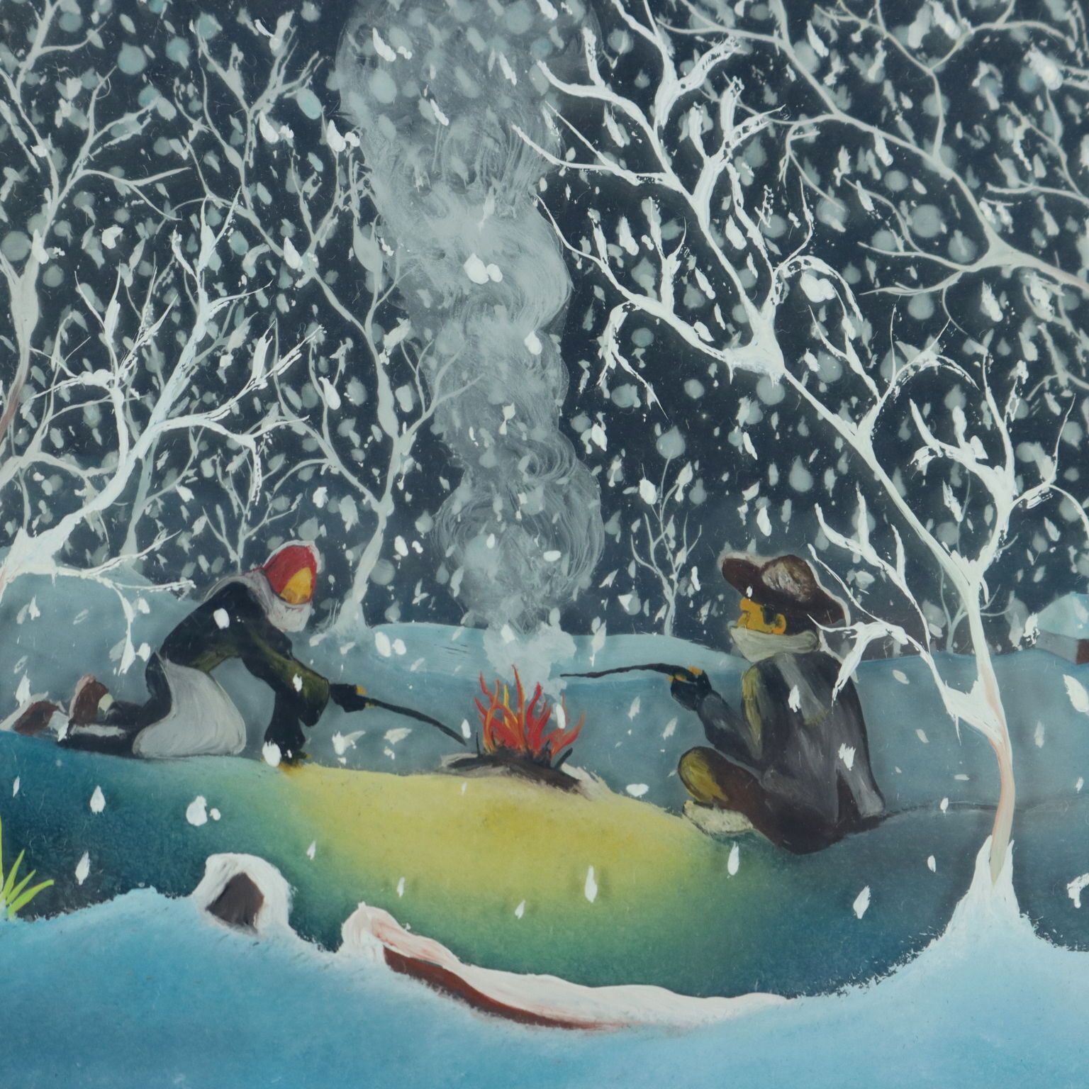 Peinture naïve contemporaine M. Previ, huile sur verre, 1979 photo Art