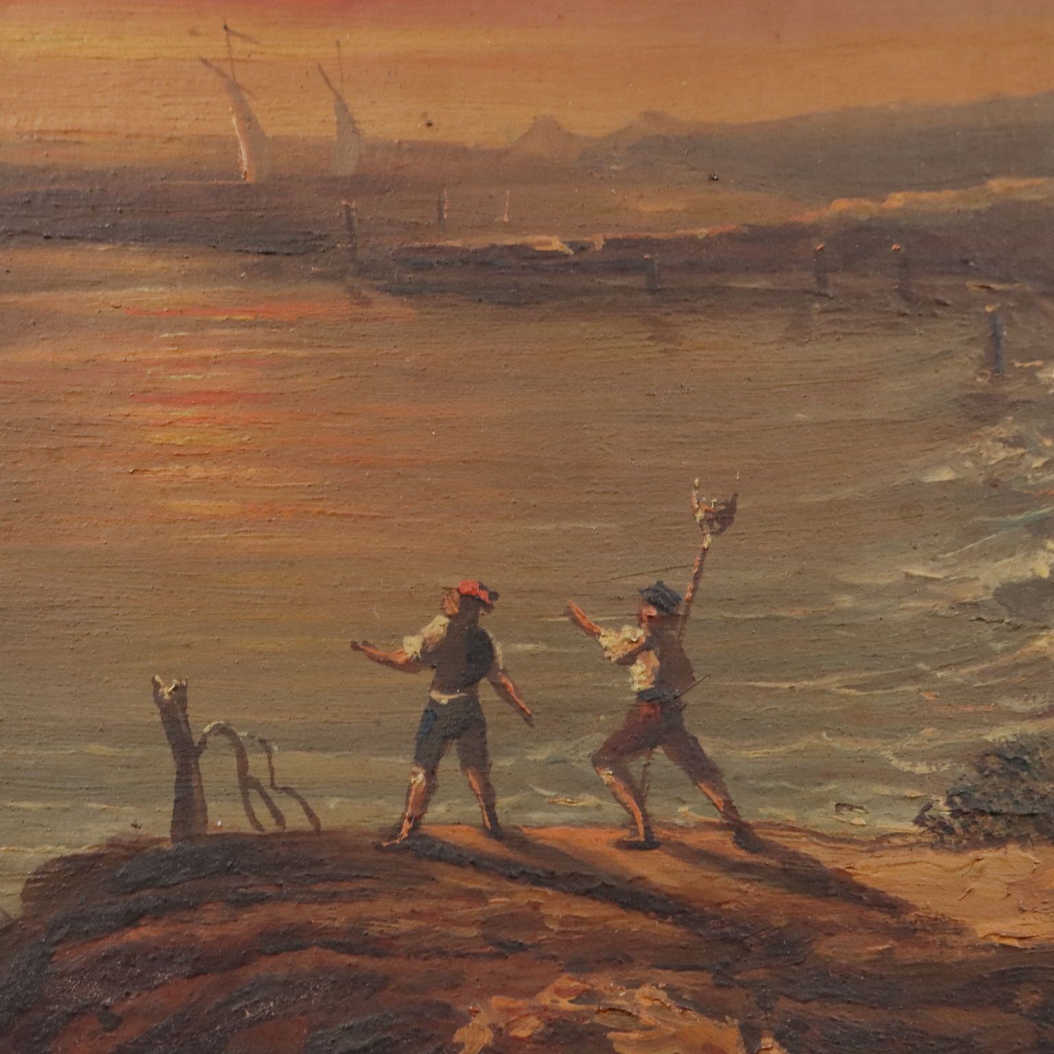 Antiek schilderij zonsondergang zeegezicht olieverf op paneel 19e eeuw photo Kunst