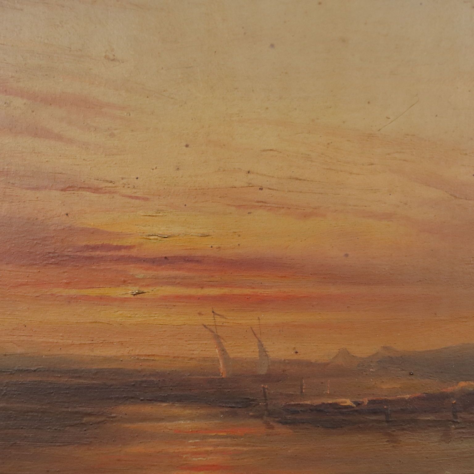 Antique Painting Sunset On Sea Landscape Oil On Borad XIX Century photo buy